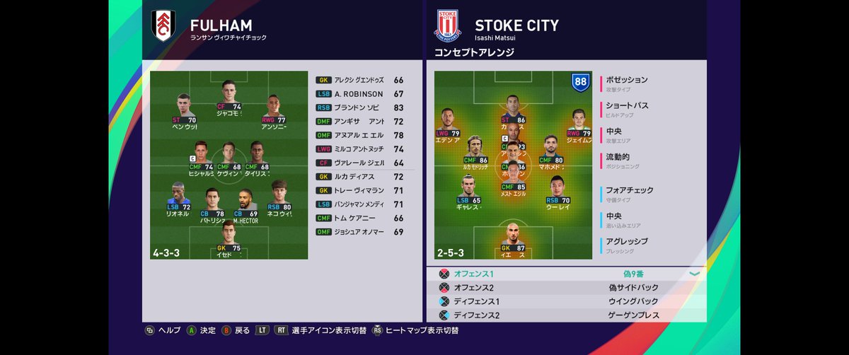 Isashi Che Ma Wei Matsui ウイイレ21mlシーズン9 プレミアリーグ第26節丨フラム 0 22 ストークシティ丨マッチプレビュー丨ショットガン フォーメーション丨wgをsbに配置しセカンド ウイングとする4ウイング型のサイドシステム Lsb ベイル Rsb