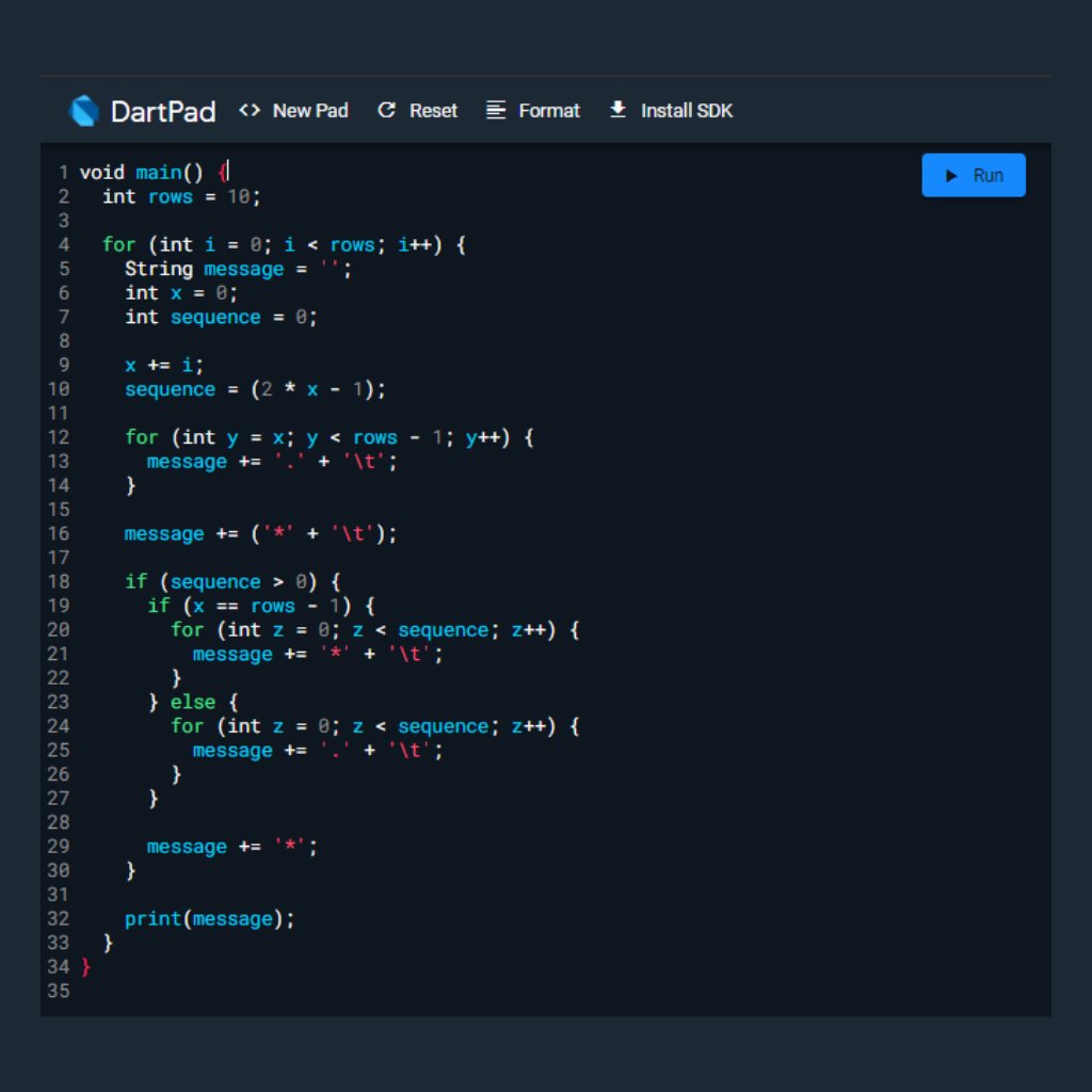 srcienpies's tweet image. I made this code to draw a pyramid shape with asterisk. Sadly dartpad.dev do not recognizes the tab space with ('\t') and i had to write a dot instead.
#fluttercode #dartcode #coding #dartpad