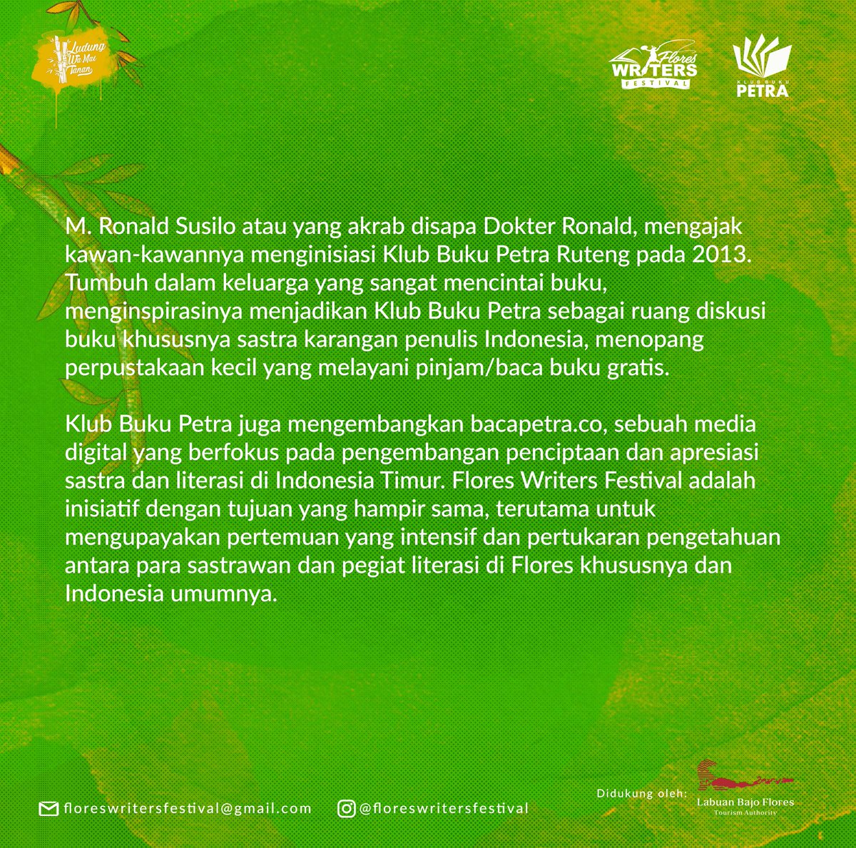 floreswritersf1's tweet photo. 𝗦𝗤𝗨𝗔𝗗 𝗙𝗪𝗙

Mari berkenalan dengan orang2 baik di balik Flores Writers Festival. 

Hari ini ada Kaka Ronald Susilo. Pada perhelatan ini, beliau dipercaya sebagai Direktur Festival yg memiliki tugas utama mengarahkan seluruh program dan pelaksanaan Flores Writers Festival. https://t.co/8p9FtEs3Xk