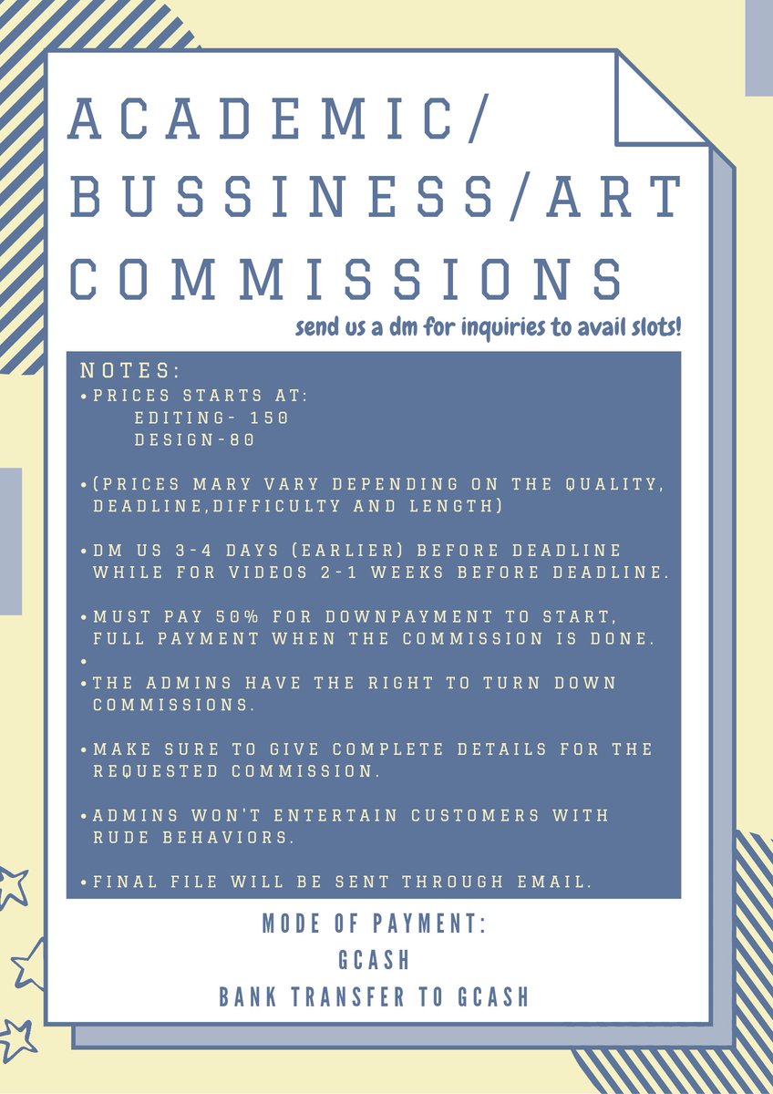 jsrmcommissions's tweet image. 🖇 hello, welcome to jsrm commissions ! 

✎ (academic/business/art)

📩 need a helping hand? we are here to help you lessen your workload! feel free to dm us your inquiry.

⤷ check photos &amp;amp; thread for more info ☺︎
