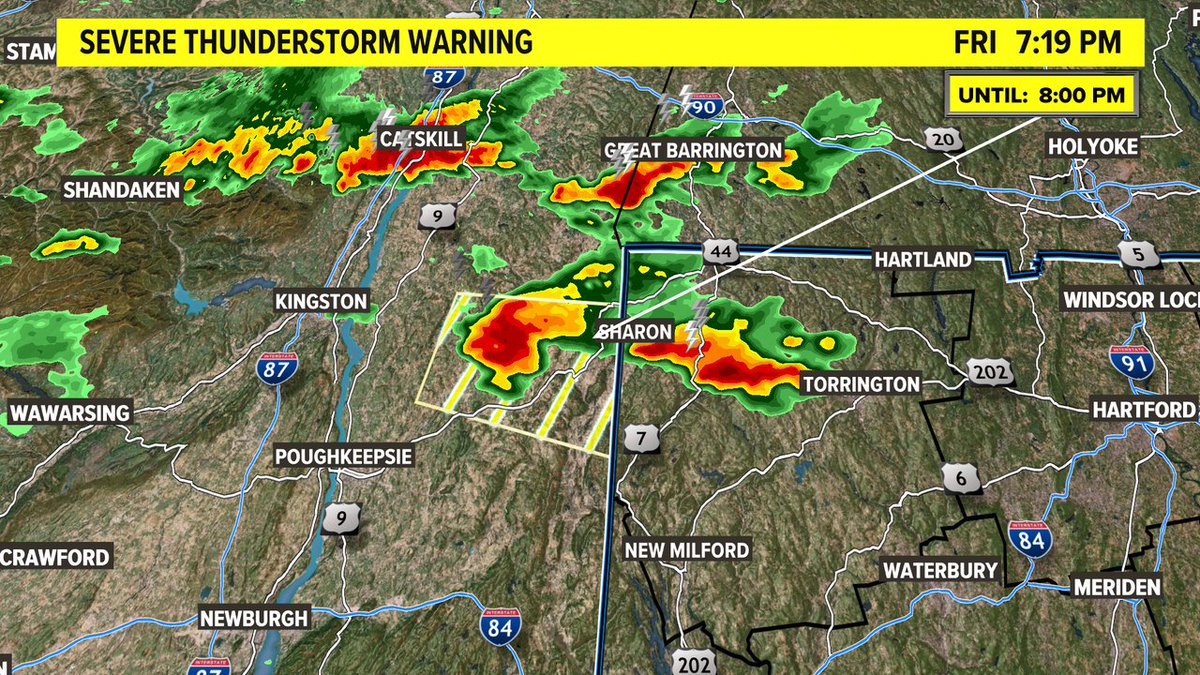 Severe thunderstorm warning just west of Litchfield County. No warnings in CT but there are storms in Sharon, Cornwall and Goshen in Litchfield County. #fox61