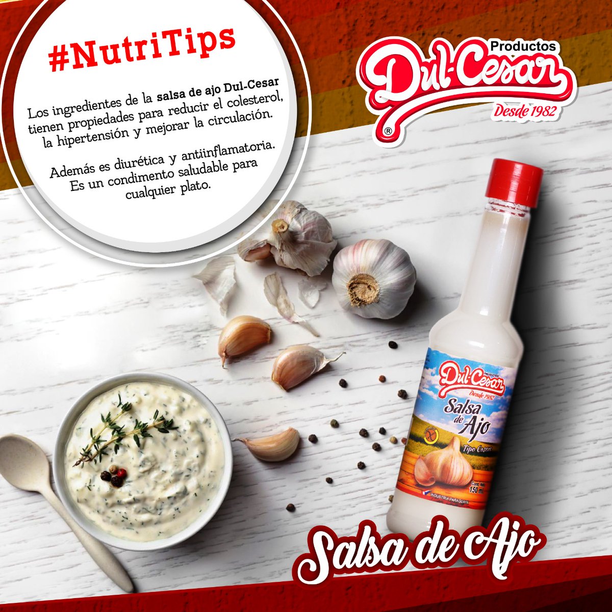DulCesarPy's tweet photo. ¿Viernes de permitido? 🤤

Si vas a cenar lomito acordate que no te puede faltar la Salsa de Ajo Dul-Cesar.😋🧄

#DulCesar #Cena #Viernes #Fat #NutriTip https://t.co/CPbUbQe58D