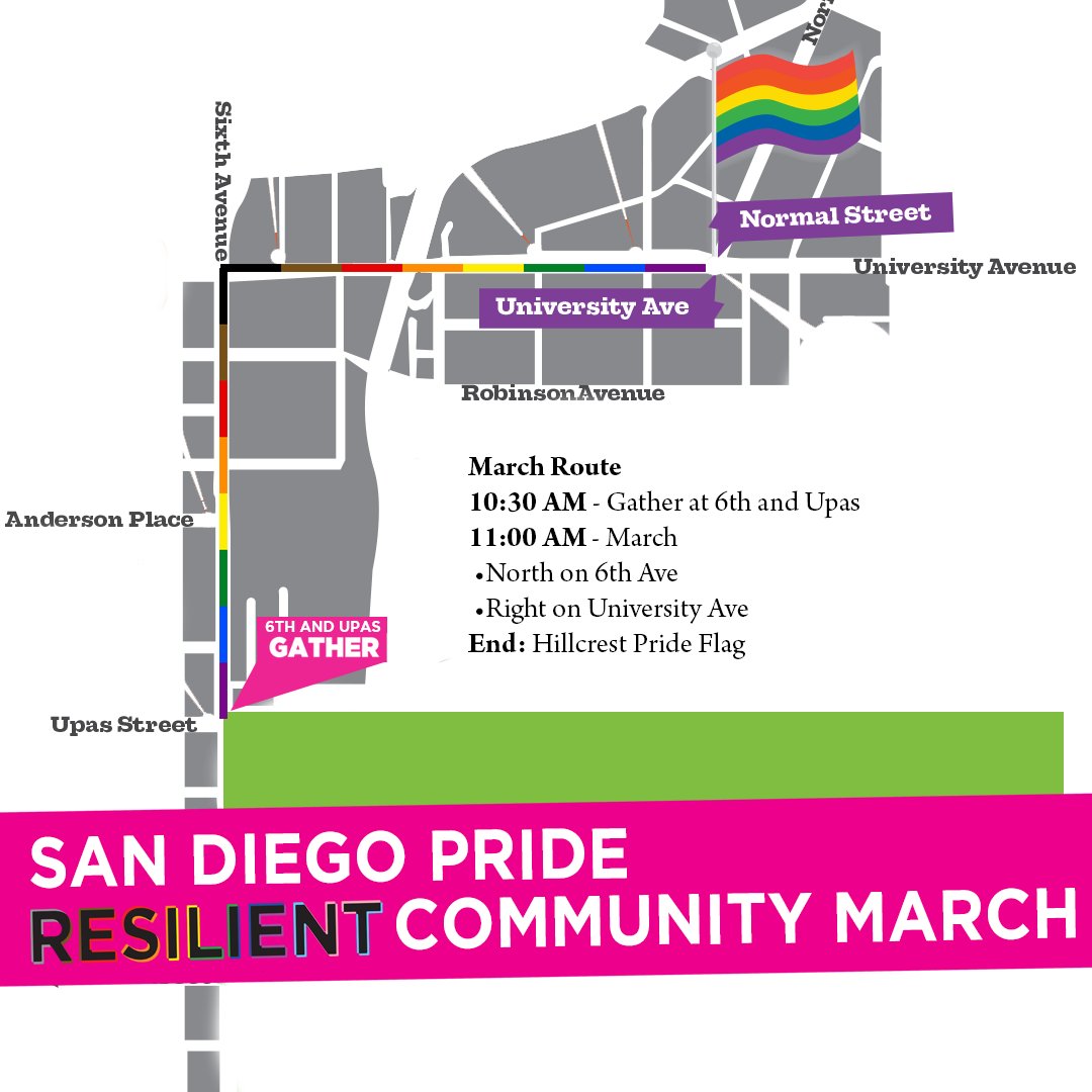 SanDiegoPride's tweet photo. Join us at our Resilient Community March tomorrow at 1030AM! Save this map to know the way! Mark your photos with the hashtag #ResilientCommunityMarch! https://t.co/BLvvmHC8bf