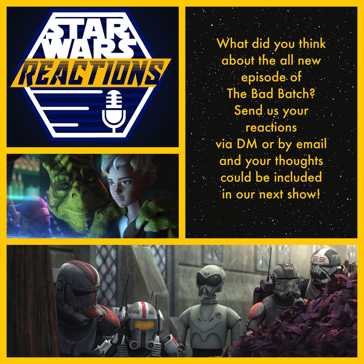 SWReactionsPod's tweet photo. Are you ready to react? Don’t spoil it for others though, so send us your reactions via DM or via email! #TheBadBatch #ShareYourReactions #ReadyToReact https://t.co/7Ok0GW7xGb