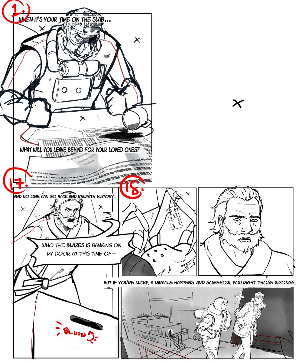 Here are my final panels without the text (among non-final ones) #ApexLegends  I made the first caustic panel in full color before we got to a decision to do it in b&w and I'm very much proud of how it turned out 😊 https://t.co/KydFiHF3Be 