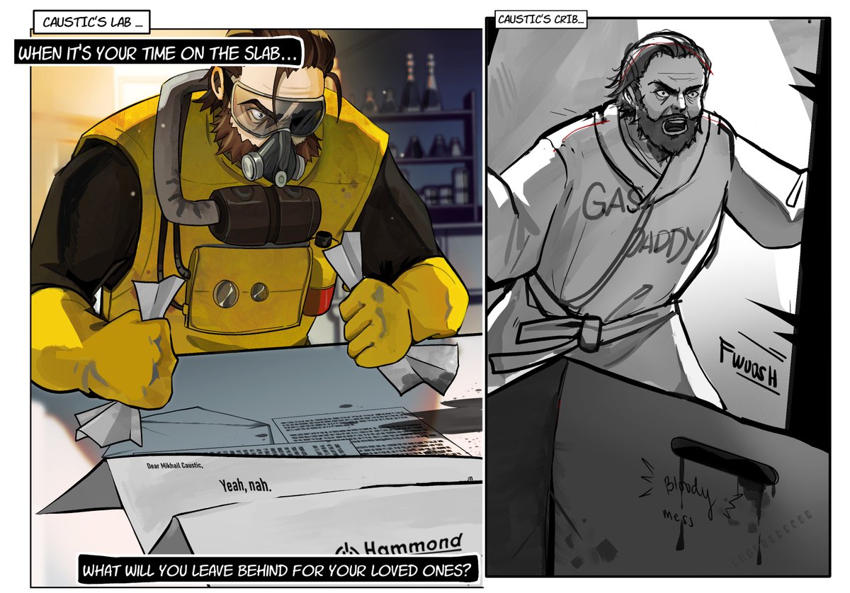 Here are my final panels without the text (among non-final ones) #ApexLegends  I made the first caustic panel in full color before we got to a decision to do it in b&w and I'm very much proud of how it turned out 😊 https://t.co/KydFiHF3Be 