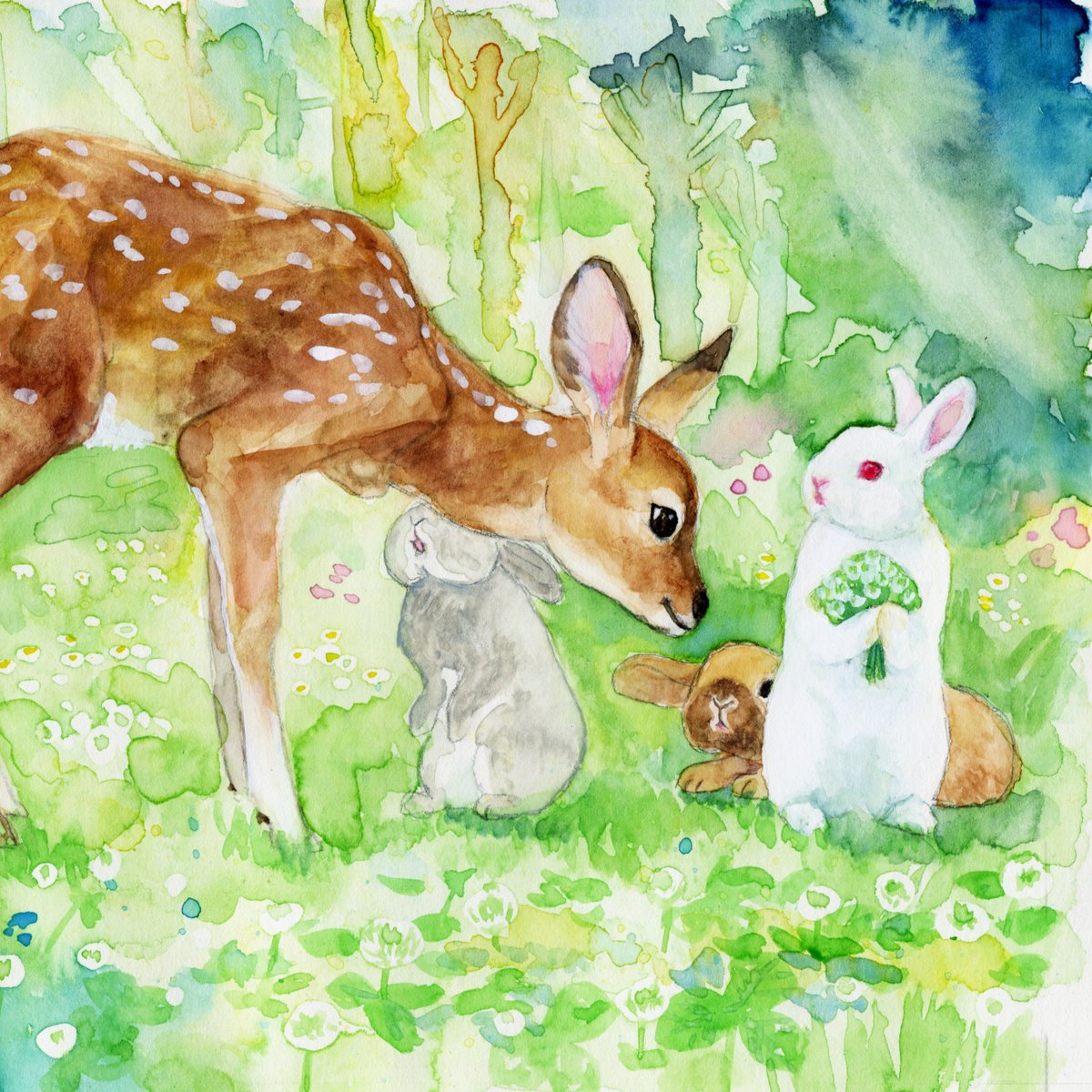 ট ইট র Fululu 来年のカレンダー用のイラストです 白うさぎさん 何をもっているの とバンビちゃんがたずねています うさぎ 動物 イラスト 透明水彩 Bunny