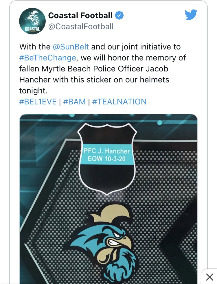 sthancher's tweet photo. Rode for 53 minutes with Jackie @CCUChanticleers toward #copswhyinjuly in honor of my son @Jakehancher @nationalcops visited  with @CoastalFootball Thank you so much for your continued prayers and support 💙Have a great season! Love y’all! #tealnation #chantsup #MBPDstrong https://t.co/o7aLUmMx0r