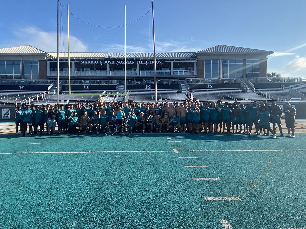 sthancher's tweet photo. Rode for 53 minutes with Jackie @CCUChanticleers toward #copswhyinjuly in honor of my son @Jakehancher @nationalcops visited  with @CoastalFootball Thank you so much for your continued prayers and support 💙Have a great season! Love y’all! #tealnation #chantsup #MBPDstrong https://t.co/o7aLUmMx0r