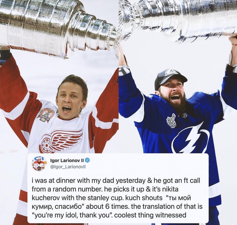 sandropacheco71's tweet photo. #NikitaKucherov made a phone call former #DetroitRedWing and #StanleyCupChampion #IgorLarionov right after he and the rest of the #TampaBayLightning won the 2020-21 #StanleyCup. #ThisIsAwesome #NHL #HockeyTwitter #MakingHistory https://t.co/qwFJj7Pp45