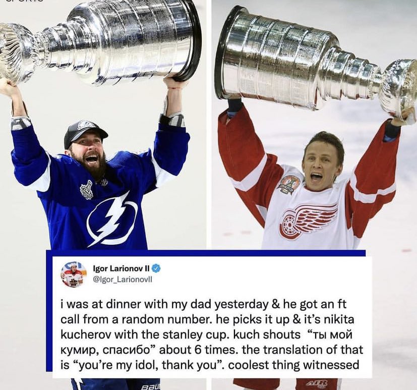 sandropacheco71's tweet photo. #NikitaKucherov made a phone call former #DetroitRedWing and #StanleyCupChampion #IgorLarionov right after he and the rest of the #TampaBayLightning won the 2020-21 #StanleyCup. #ThisIsAwesome #NHL #HockeyTwitter #MakingHistory https://t.co/qwFJj7Pp45