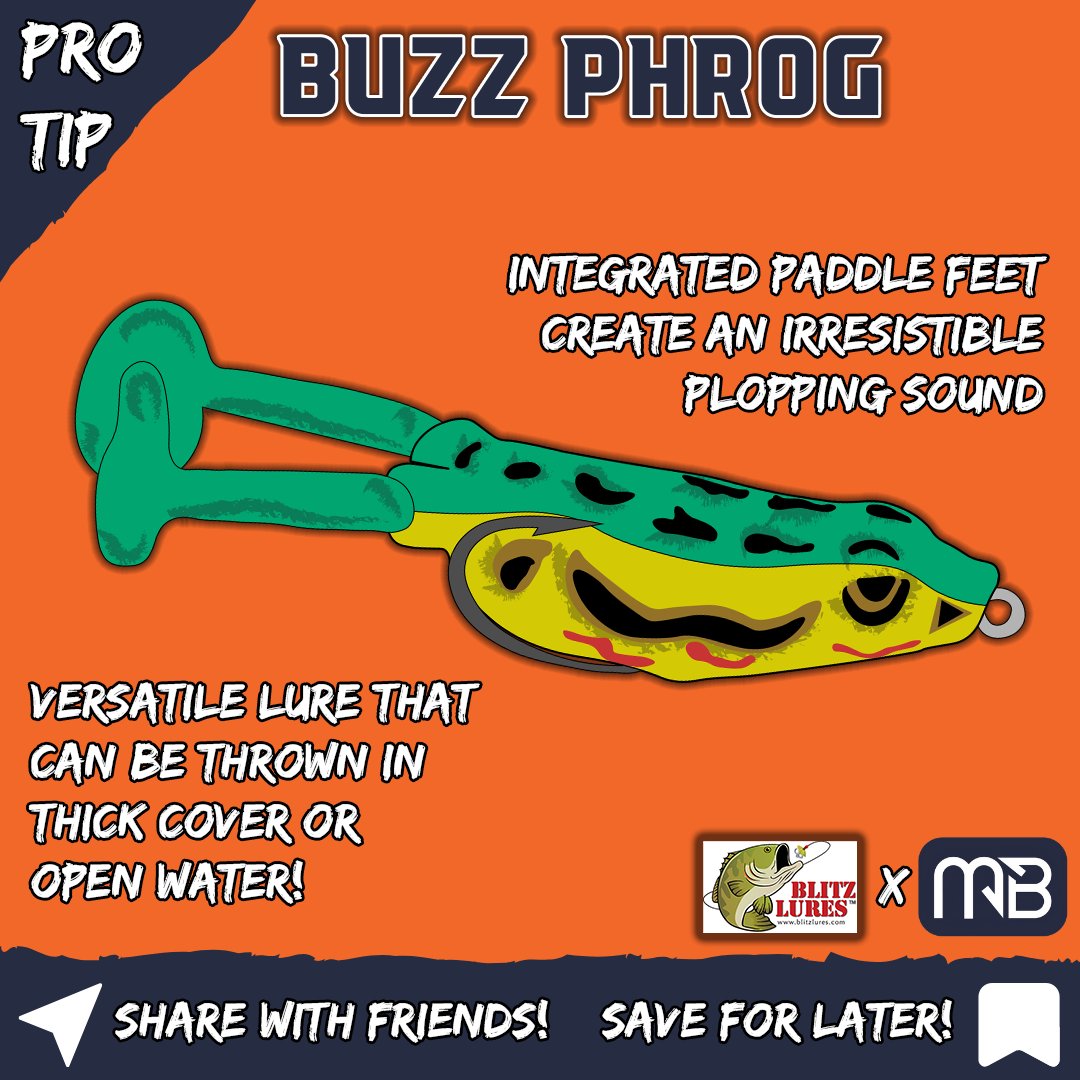 Pro Tip: Grab your best froggin' rod equipped with heavy braid to make sure NO bass rips off the @blitzlures Buzz Phrog while you're fishing thick cover this month!
#MBTackleTip