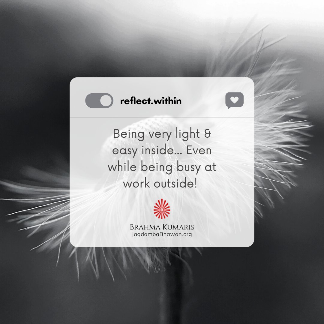 jagdambabhawan's tweet photo. All of us work towards fulfilling our responsibilities. Being light and easy mentally makes the outcome of our efforts more fruitful and easy. Be light inside and out by being positive. #beingeasy #busy #easy #belight #noburdens #light #corporate #IT #brahmakumaris #jbpune https://t.co/E2jlaM0x5l