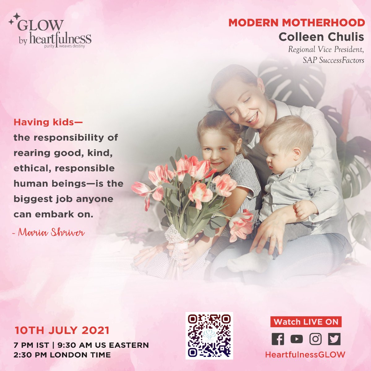 HFNGLOW's tweet photo. Join us as Colleen chats about #motherhood #worklifebalance #StrongRoleModels on #GLOWbyHeartfulness #Webinar.
Watch LIVE:
https://t.co/Z9LfA3SbOL
https://t.co/JRe66jNheY
#friday #mom #women #Wisdom #Glow #heartfulness #meditation #heartfulness #Heartfulnessglow #Daaji https://t.co/NTn1dPlZCA
