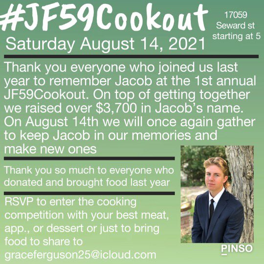 FergusonBrynn's tweet photo. It’s that time of the year again, the 2nd annual #JF59Cookout is here! August 14 we are getting together to share our awesome memories of Jacob. We would love to see everyone there! We will also be donating to AFSP hope everyone can make it! https://t.co/otysrC8r96 https://t.co/FOVjXrycQ8
