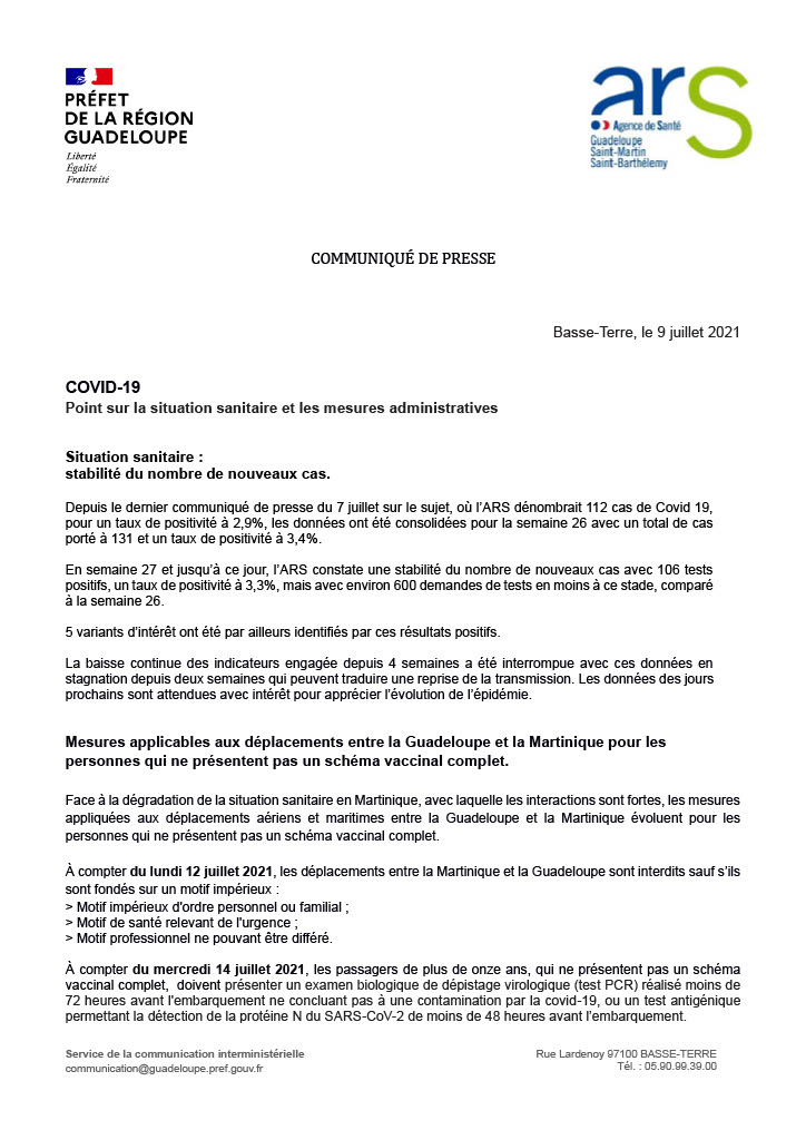 Prefet971's tweet photo. [#Covid 19] Communiqué de presse de ce vendredi 9 juillet 2021 relatif au point sur la situation sanitaire et les mesures administratives. https://t.co/Y69iD2PJS9