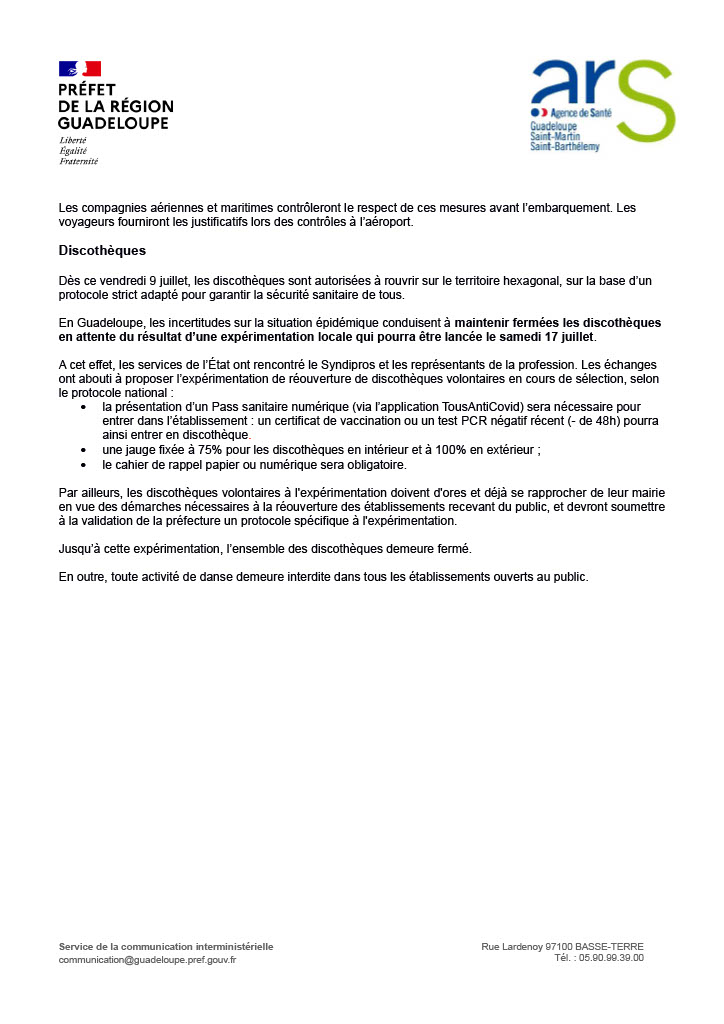 Prefet971's tweet photo. [#Covid 19] Communiqué de presse de ce vendredi 9 juillet 2021 relatif au point sur la situation sanitaire et les mesures administratives. https://t.co/Y69iD2PJS9