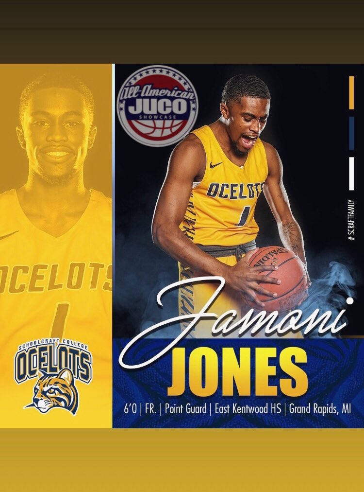Congrats to <a href="/OcelotHoops/">Schoolcraft Men's Basketball</a> own <a href="/JonesJamoni/">Jamoni Jones</a>  1 of the invited participants for the All American invitational <a href="/JUCOShowcase/">JUCO Showcase</a> July 10-11th ⚪️🔵🟡 safe travels to you and your family!!  #GoOcelots #EPIC #Nextplay