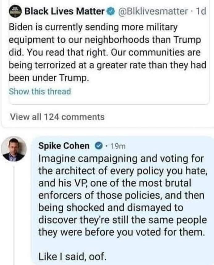 beinlibertarian's tweet image. Hey @RealSpikeCohen, did you ever hear back from @Blklivesmatter?

Just checking.