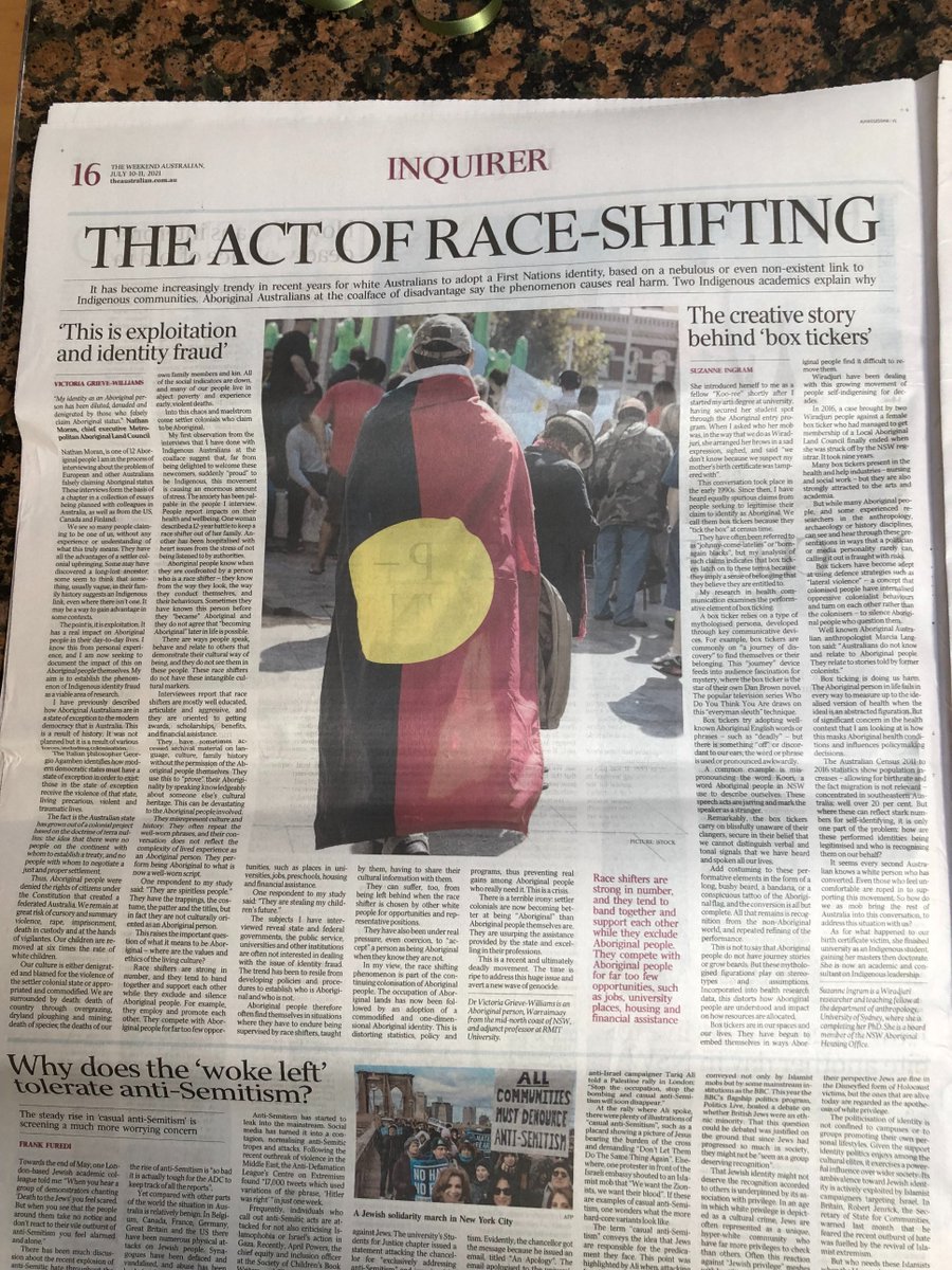 RoadknightThe's tweet image. Race-shifting, a euphemism for &apos;identifying&apos; as a particular race with neither fact nor truth as a basis, is obtaining advantage through deception and siphoning funds and facilities away from those who are genuinely of a race.

In short, it is despicable fraud.
#NAIDOC2021