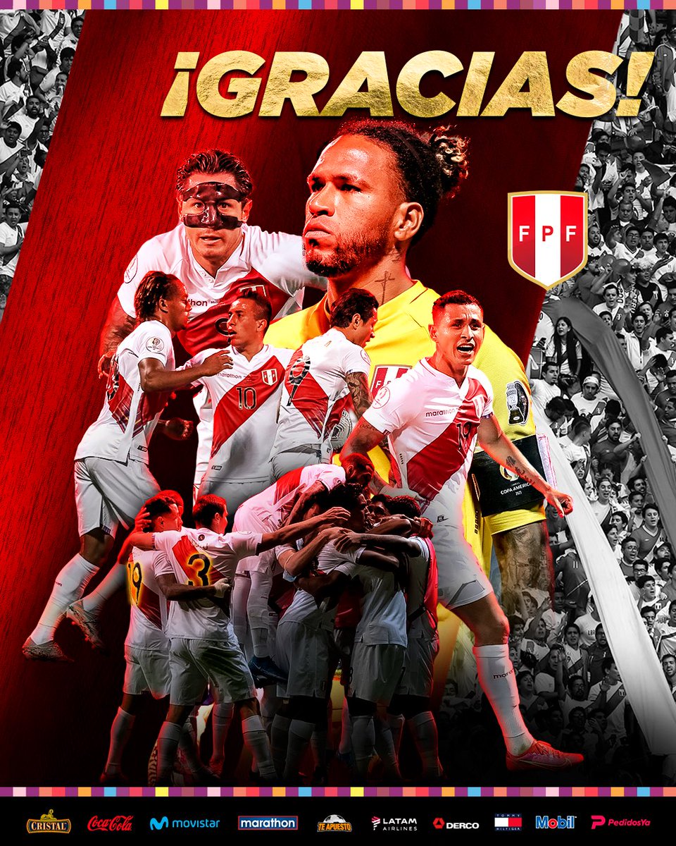 SeleccionPeru's tweet photo. Nos vamos de Brasil con la frente en alto y llenos de orgullo por todas las emociones y alegrías regaladas que lograron unir al país. 

¡Gracias muchachos! 👏🏻👏🏻👏🏻

#UnidosPorNuestrosColores

¡SIEMPRE #ARRIBAPERÚ! 🇵🇪 https://t.co/2vCZkK892g