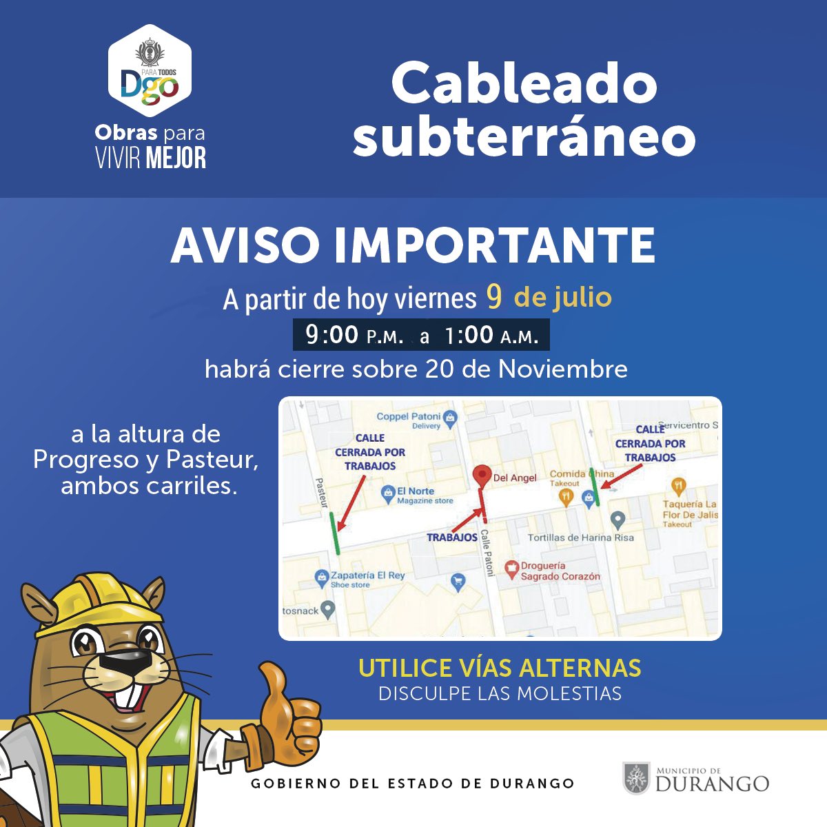 LilyOrtiz26's tweet photo. #AvisoImportante #CFEDurango cambia cierre de vialidades por cableado subterráneo programado para mañana, y es en este momento en Av. 20 de Noviembre. https://t.co/X77Z0jmBeq