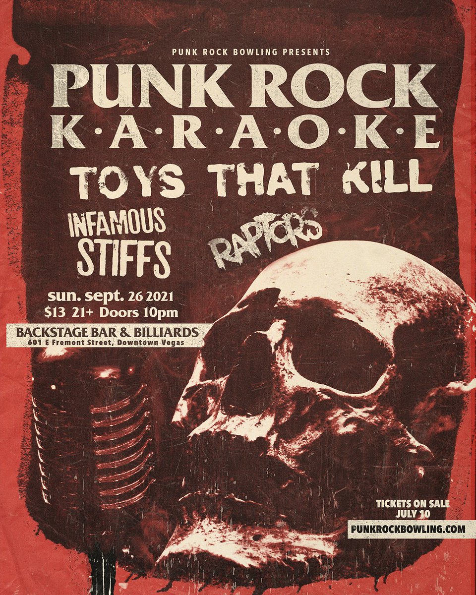RPTRSofficial's tweet photo. We’re making our After Party debut at @PunkRockBowling  this Year! We couldn’t be more excited!

🎙Tix on sale Saturday, July 10, 2021!
For details and sale times - visit https://t.co/oHRXNPzje0
#punkrockbowling #punkrockkaraoke #toysthatkill #raptorsband #infamousstiffs https://t.co/WALGAXnhHP