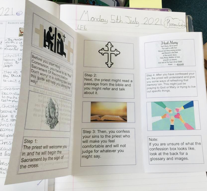 StannesCVA's tweet photo. Y5 wrote some fabulous leaflets about the sacrament of reconciliation for Y3 pupils who will be receiving their First Holy Communion next year @SRSCMAT https://t.co/IjAkGHqtdC