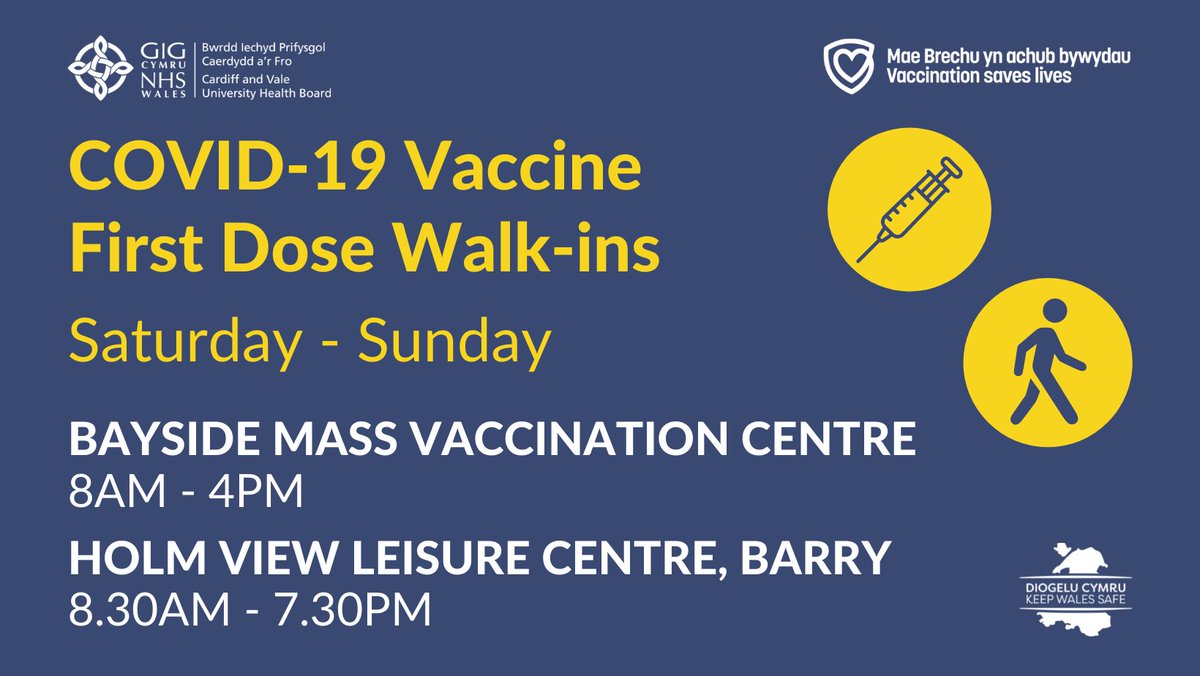CV_UHB's tweet photo. We are holding TWO first dose walk-in clinics this weekend at Bayside MVC and Holm View Leisure Centre, Barry! 💉 

Turn up to your preferred centre today, if you have not yet received the first dose of your #COVIDVaccine, are aged 18 or over. https://t.co/JFIvd1H2nS