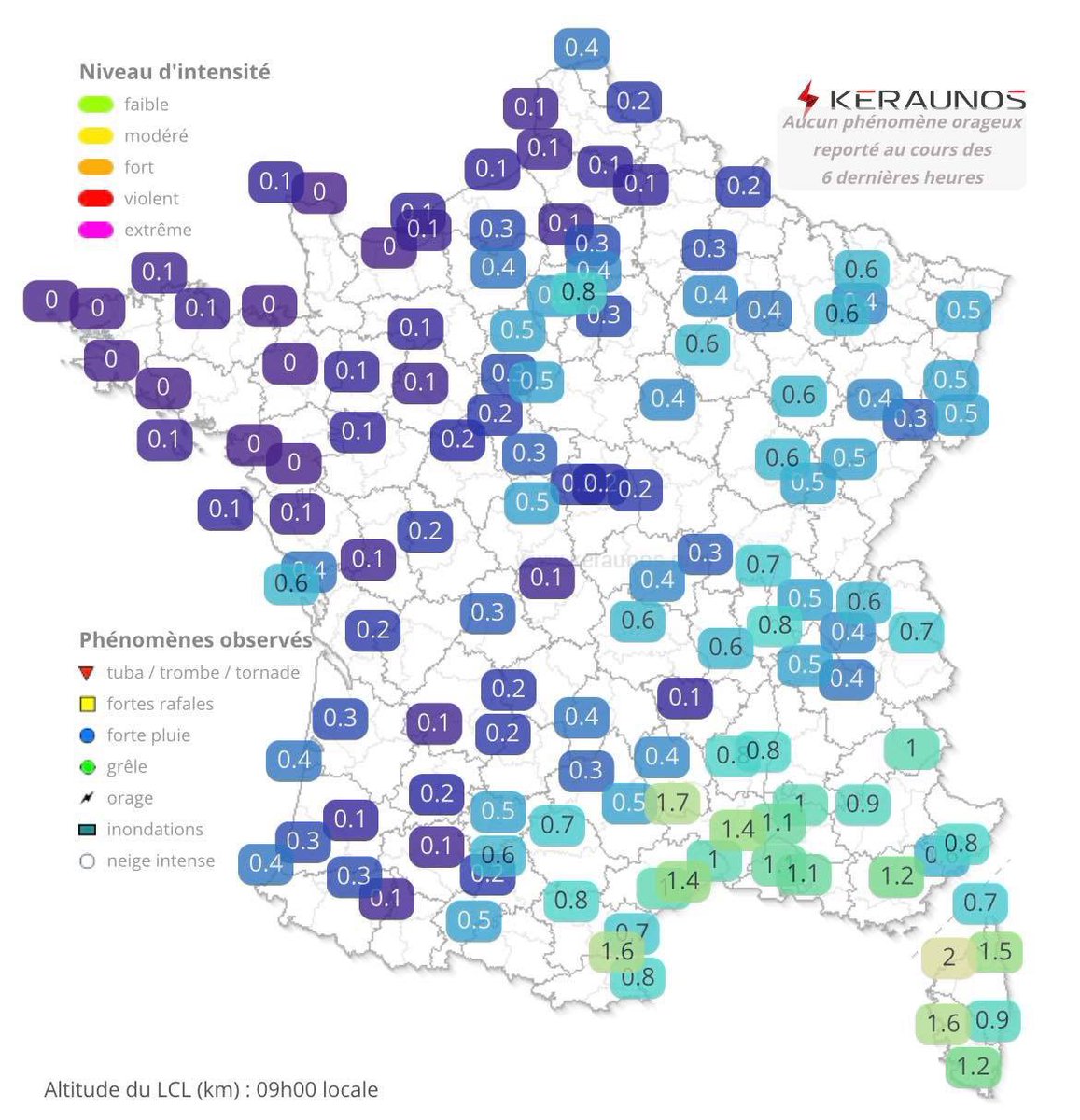 Explication des différents paramètres de notre carte en temps réel : Altitude du LCL : l’altitude du niveau de condensation par soulèvement (Lifted Condensation Level) témoigne de l’humidité des basses couches de l’atmosphère. Les orages violents ont fréquemment des LCL bas. 