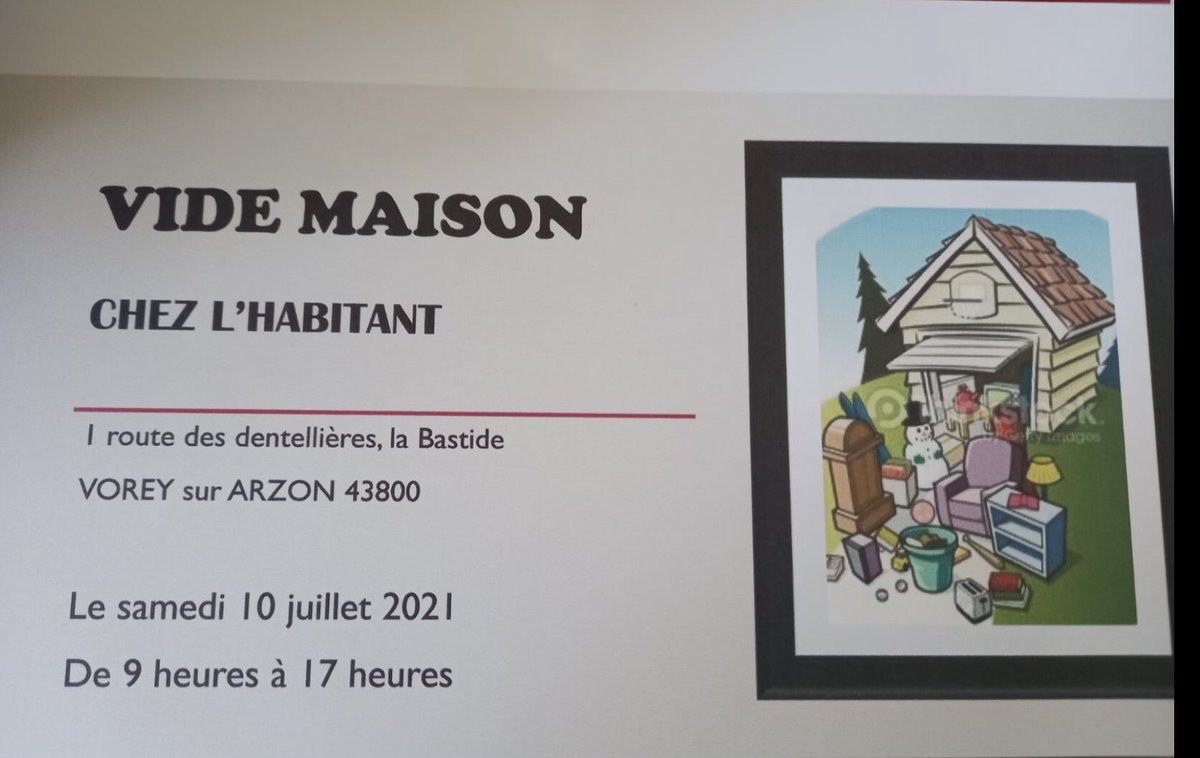 Tinemalaguimauv's tweet photo. Vide maison aujourd’hui à #Vorey dans le 43 si vous êtes dans le coin
Faites tourner si possible merci
#videmaison #brocante #chiner https://t.co/TZBCqEjjjj