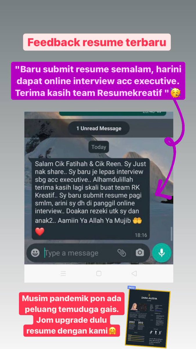 resume_malaya's tweet photo. 👥"Sy baru lepas interview sebagai Acc. Executive, Alhamdulillah"
Saya baru submit resume pagi semalam, harini dipanggil interview.
#feedbackRK
#RahsiaDapatIV https://t.co/ZaGF98T1sT