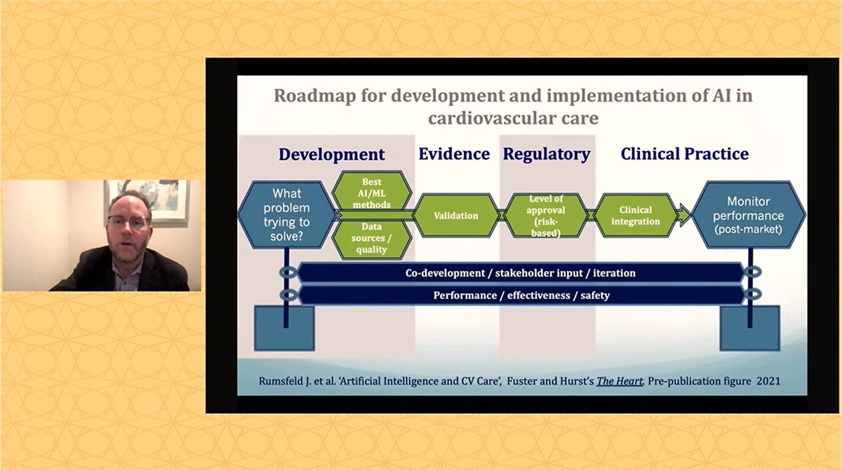 A roadmap for development and implementation of #AI in #cardiovascular care include:
▪️ Development
▪️ Evidence
▪️ Regulatory
▪️ Clinical Practice

#ACCAsia #ACCIntl bit.ly/3xwilt8 <a href="/DrJRums/">John Rumsfeld</a>