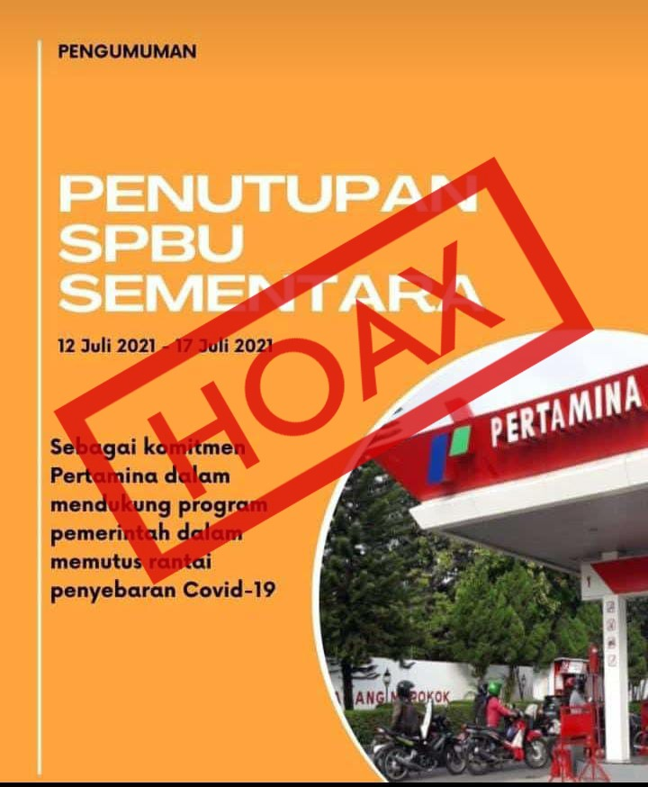 pertamina's tweet photo. Info penutupan SPBU ini HOAX ya, Sobat ❌
SPBU Pertamina tetap beroperasi normal, tentunya dengan menerapkan protokol kesehatan.

Selalu waspada terhadap semua info yang mengatasnamakan Pertamina. Sobat bisa langsung cek ke media sosial kami atau hubungi 135.

#EnergizingYou https://t.co/b7aZgEDg2M
