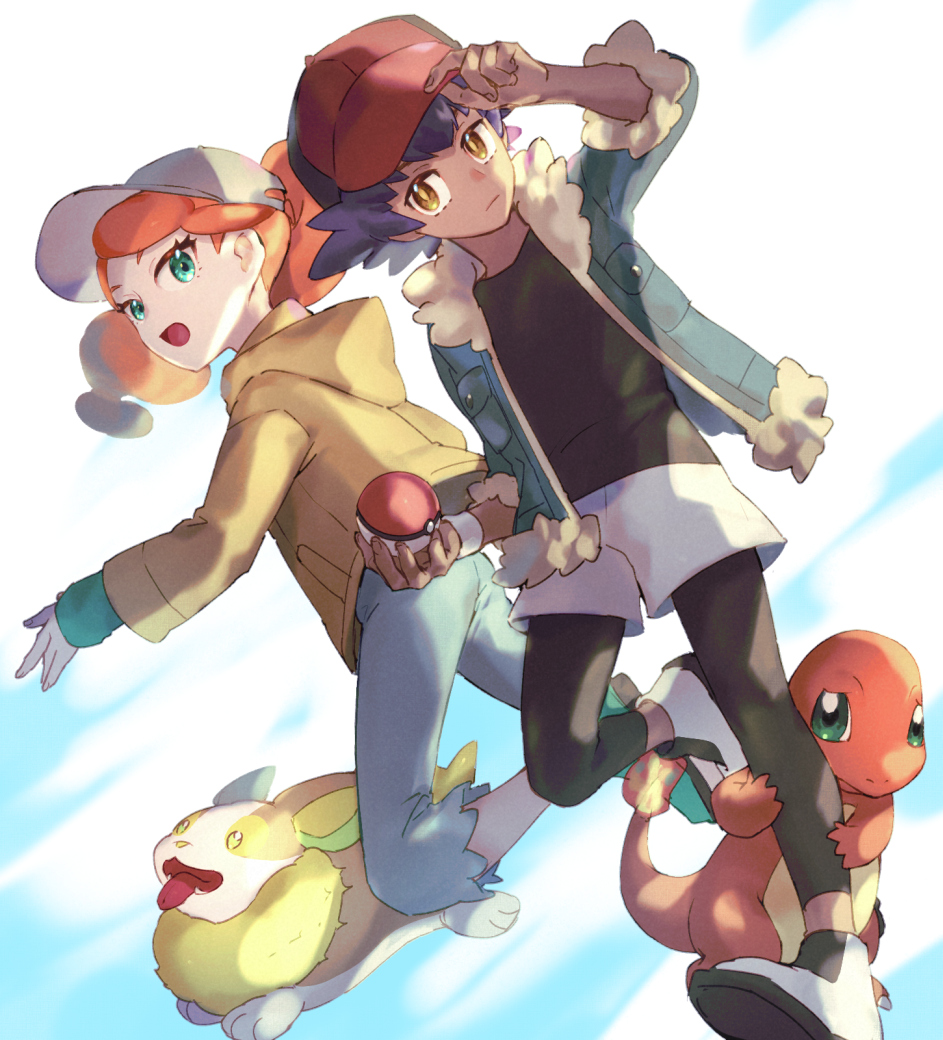 charmander ,leon (pokemon) ,sonia (pokemon) ,yamper 1girl baseball cap hat 1boy orange hair flame-tipped tail pokemon (creature)  illustration images