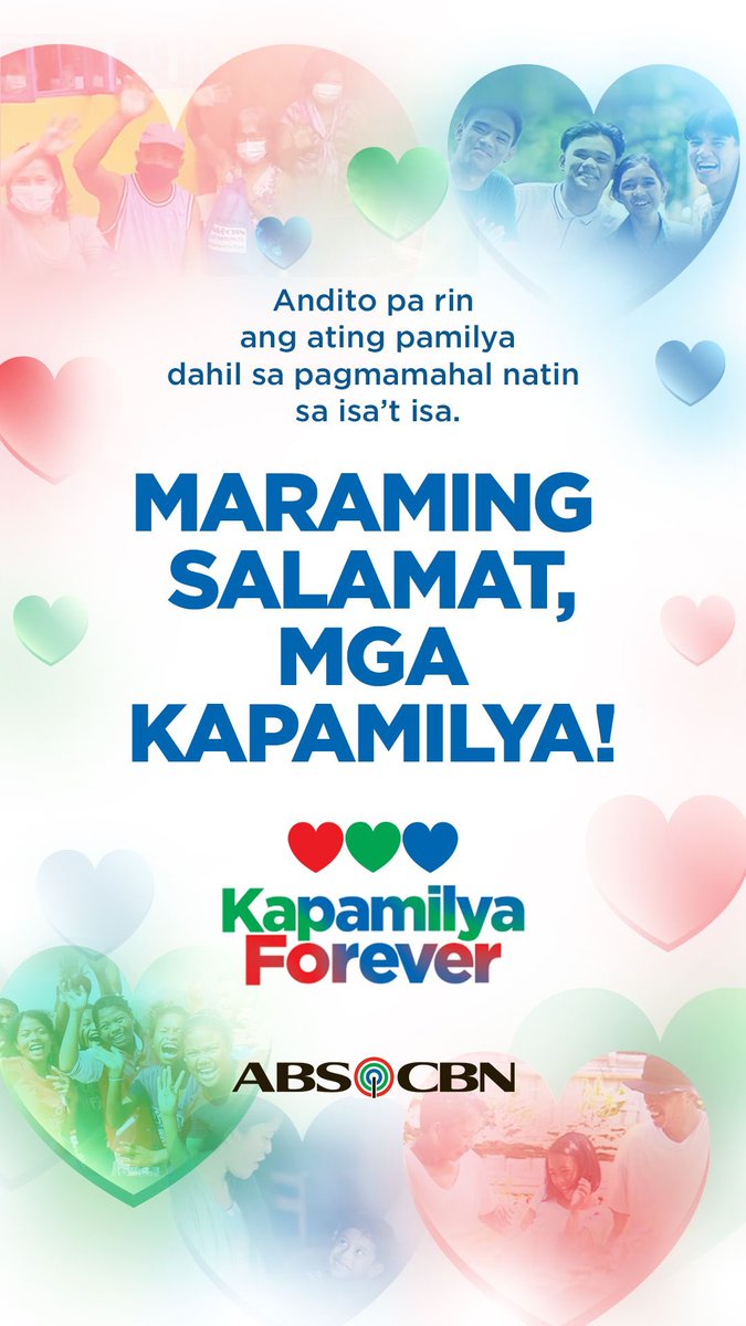 Andito pa rin ang ating pamilya dahil sa pagmamahal natin sa isa’t isa. ❤️💚💙 #AnditoKamiDahilSaInyo #SalamatKapamilya