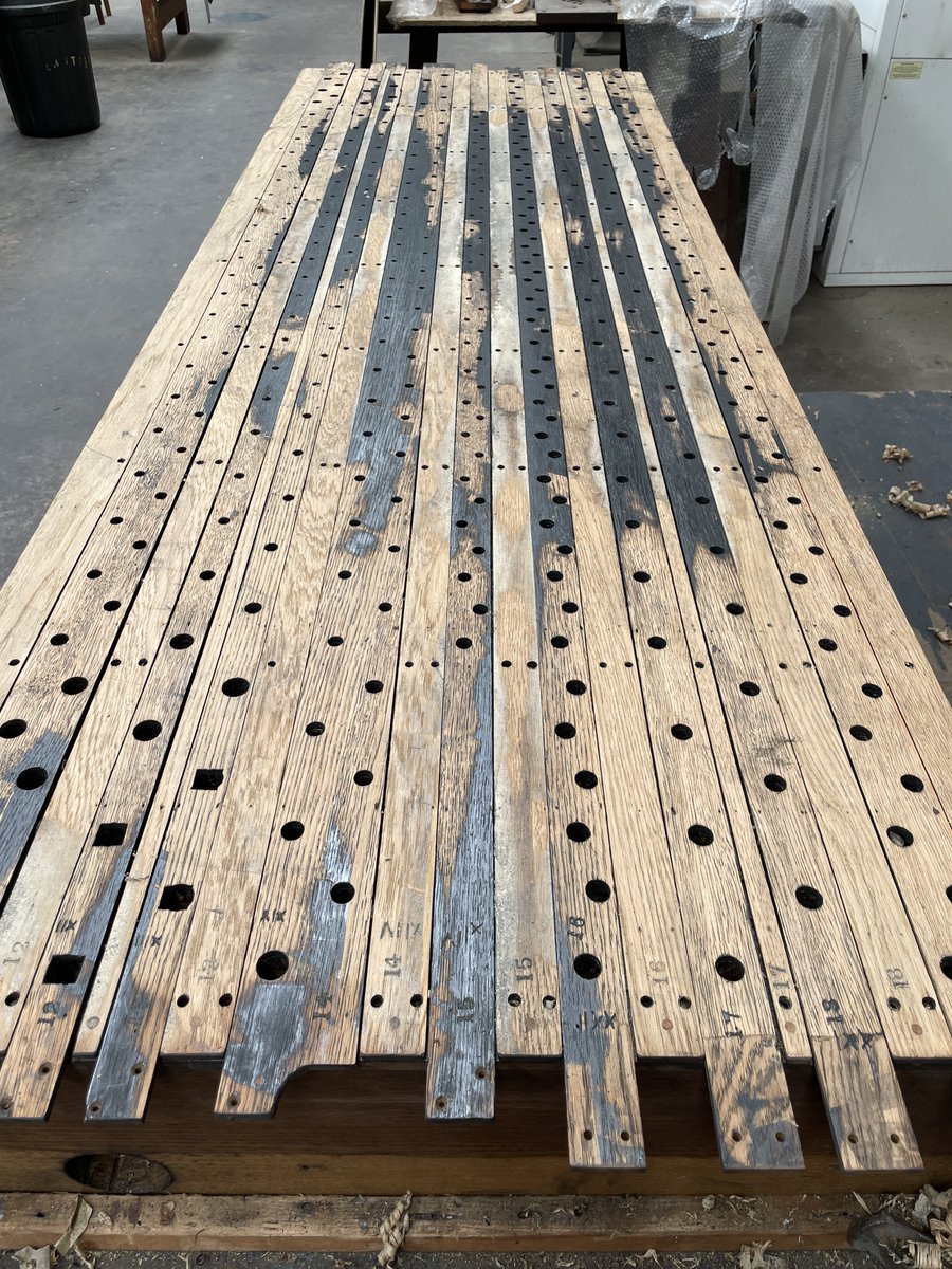 The restoration of the Cavaillé-Coll soundboards from Farnborough Abbey is well underway. In typical French tradition, the tables, slides and bearers are made of hard oak which means the plane iron has to be sharpened after every few passes.
