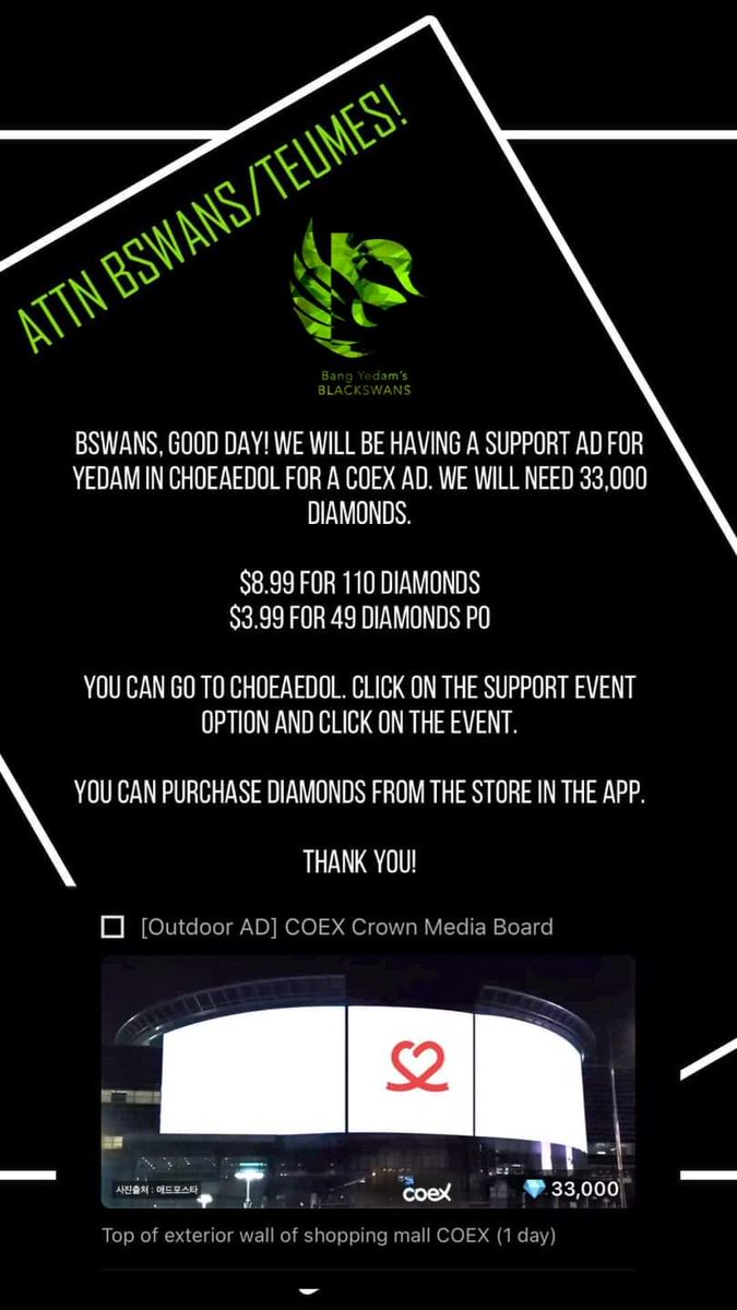 YedamStarIntl's tweet photo. ATTN Bswans/Teumes!
We have a support event for Bang Yedam and Treasure’s 1st Debut Anniversary in choeaedol for a COEX Crown ad. We will need 33,000 diamonds. Event period is from July 10-23, 2021.

ALL FOR YEDAM
트레저  방예담 
#방예담 #BANGYEDAM
#パンイェダム @treasuremembers https://t.co/qdZauoSBfS