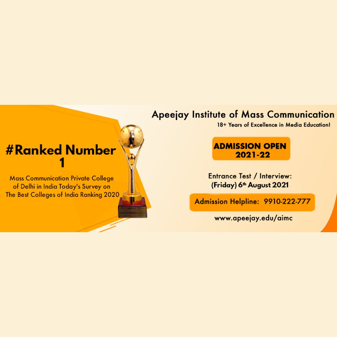 #Admission Open: 2021-22
Entrance Test / Interview: 6th August (Friday) Last Date to Apply: 5th August
For queries call to Admission Helpline No:
+91-9910-222-777 or email at aimc.del@apj.edu