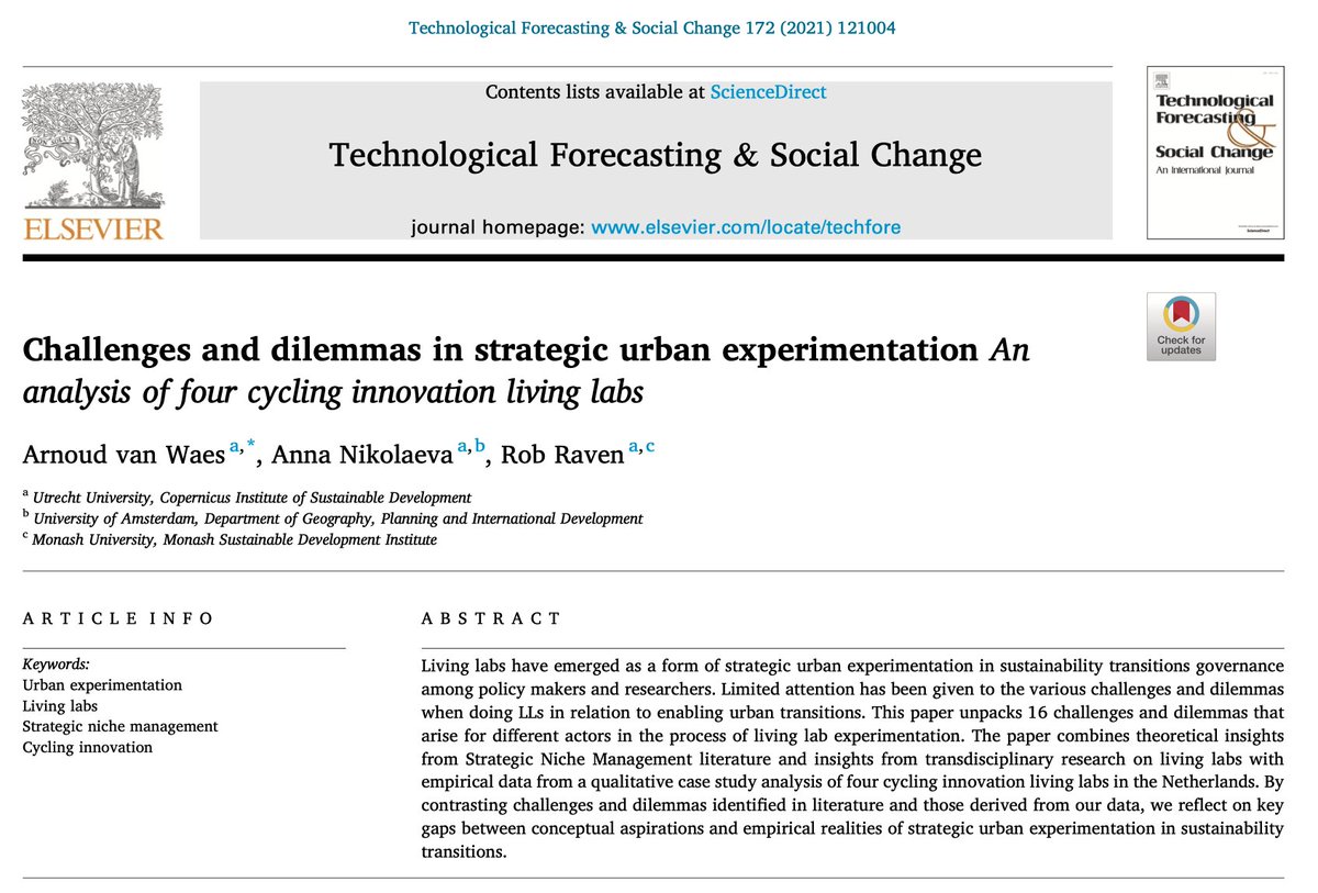 Doing strategic urban experimentation in living labs comes with dilemmas and challenges. Read more about them in our recent publication. Great transdisciplinary research by <a href="/arnoudvanwaes/">Arnoud van Waes</a> authors.elsevier.com/sd/article/S00…