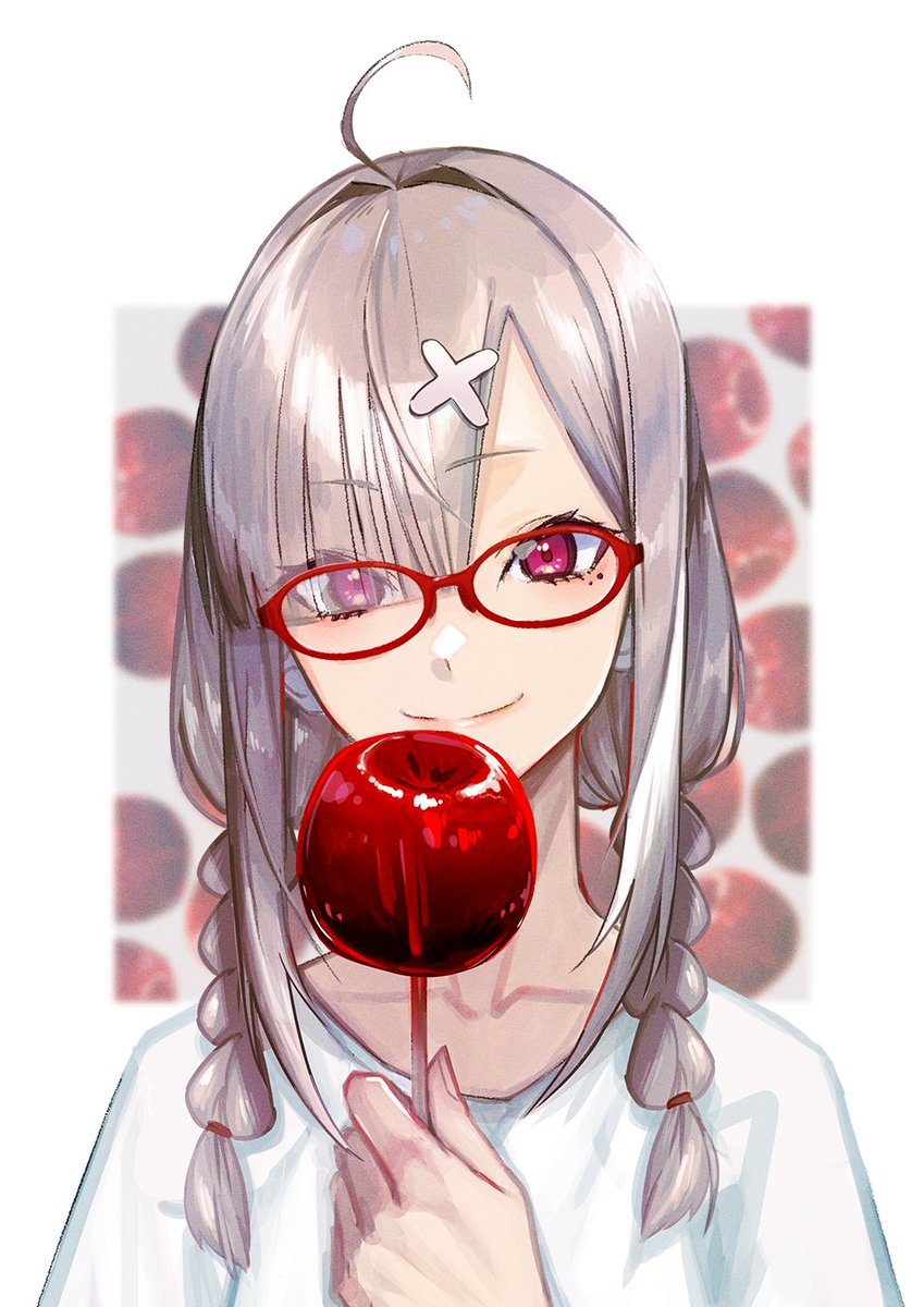1girl food candy apple glasses ahoge solo hair ornament  illustration images