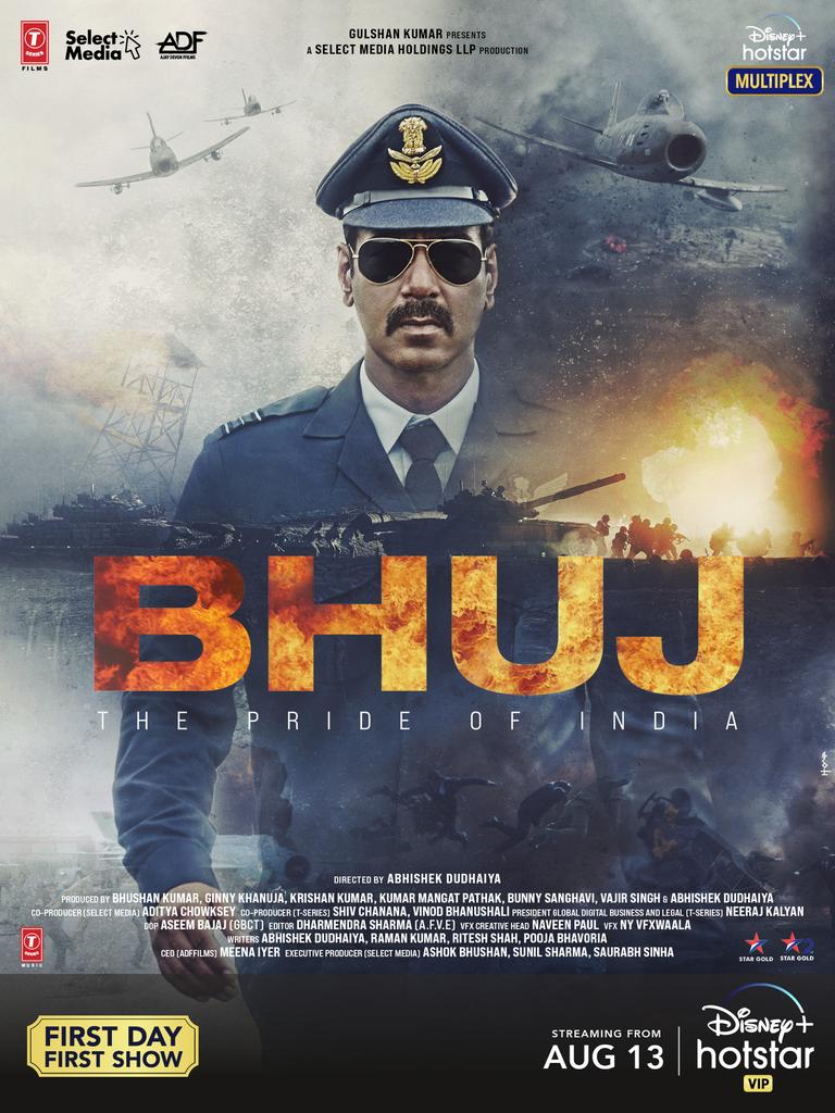 TSeries's tweet photo. The story of our unsung heroes, their valour, and about our pride.  
Trailer out in 2 days.

#BhujThePrideOfIndia releasing on 13th August only on @disneyplushotstarvip.
#DisneyPlusHotstarMultiplex

@ajaydevgn @duttsanjay #SonakshiSinha @AmmyVirk #NoraFatehi @SharadK7 https://t.co/Rrc5MmynIi