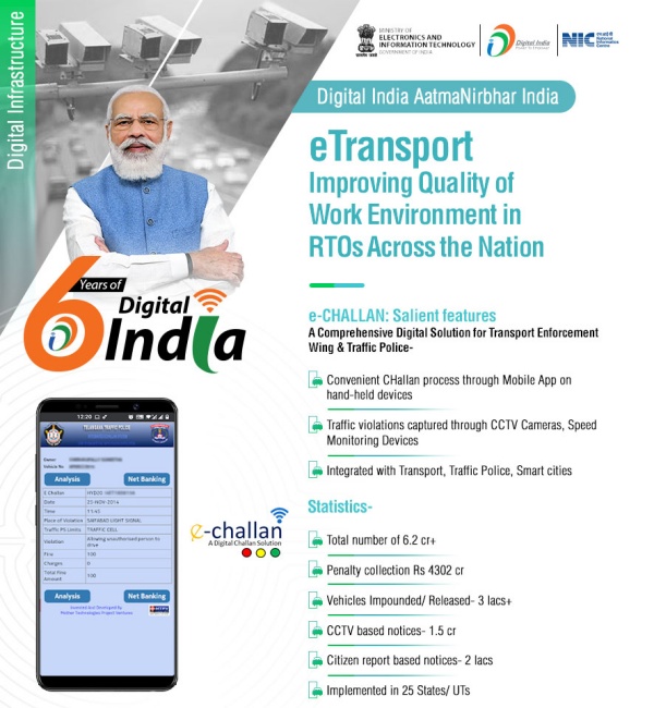 _DigitalIndia's tweet photo. #DigitalIndia | #6YearsOfDigitalIndia |  e-Challan is a Comprehensive #DigitalChallan Solution for Transport Enforcement Wing &amp; Traffic Police launched by Ministry of Road Transport and Highways to benefit its citizens.
@MORTHIndia @MORTHRoadSafety @GoI_MeitY https://t.co/iie3xWv4UQ