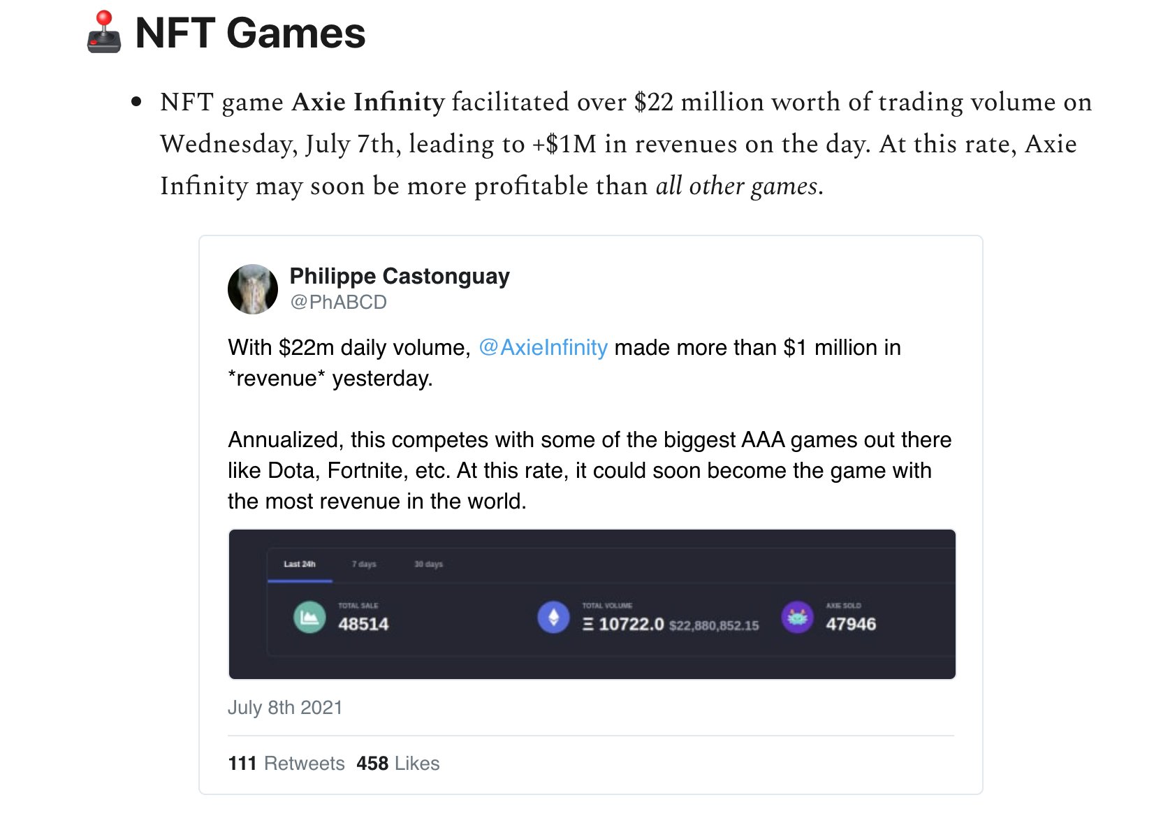 Axie Infinity Nft Game Axie Infinity Facilitated Over 22 Million Worth Of Trading Volume On Wednesday July 7th Leading To 1m In Revenues On The Day At This Rate Axie