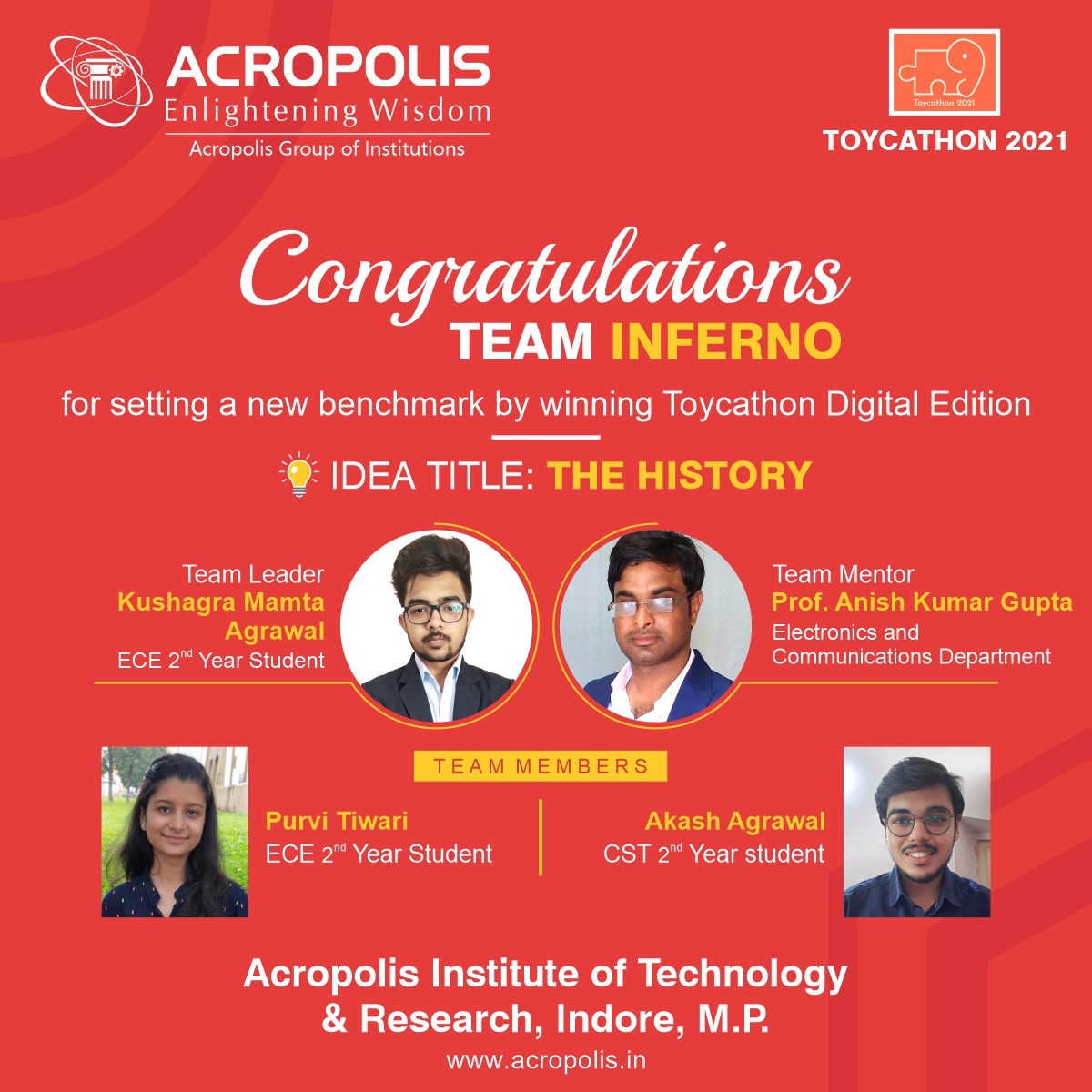 AcropolisIndia's tweet photo. Heartiest congratulations to Team Inferno for adding another feather in our cap. You have made us proud and taller.  
______
#Acropolis #AcropolisCollege #Toycathon #Toyconomy #AtmaNirbharBharat #AcropolisIndore #Innovation #TeamUpForToys #Toycathon https://t.co/BJwoPoNAGD