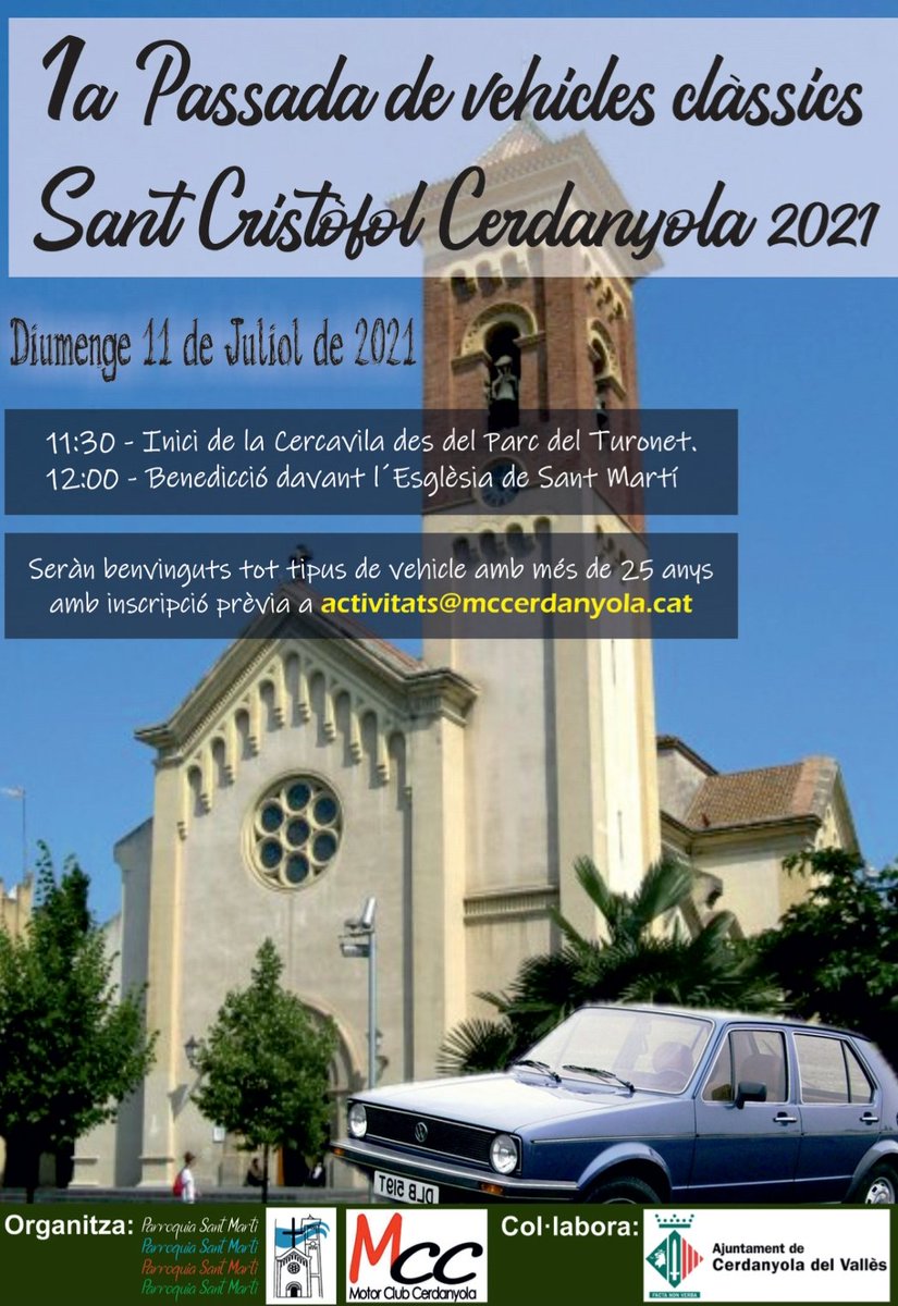 Aquest diumenge no us perdeu la "1a Passada de vehicles clàssics Sant Cristòfol" a #Cerdanyola amb benedicció inclosa a la Plaça Abat Oliba a partir de les 11:30h
<a href="/puntinfo/">Cerdanyola .info</a> @cerdanyola <a href="/mccerdanyola/">@MCCerdanyola</a> <a href="/cerdanyolaaldia/">Cerdanyola al dia</a> <a href="/TOTCerdanyola/">TOT Cerdanyola</a>