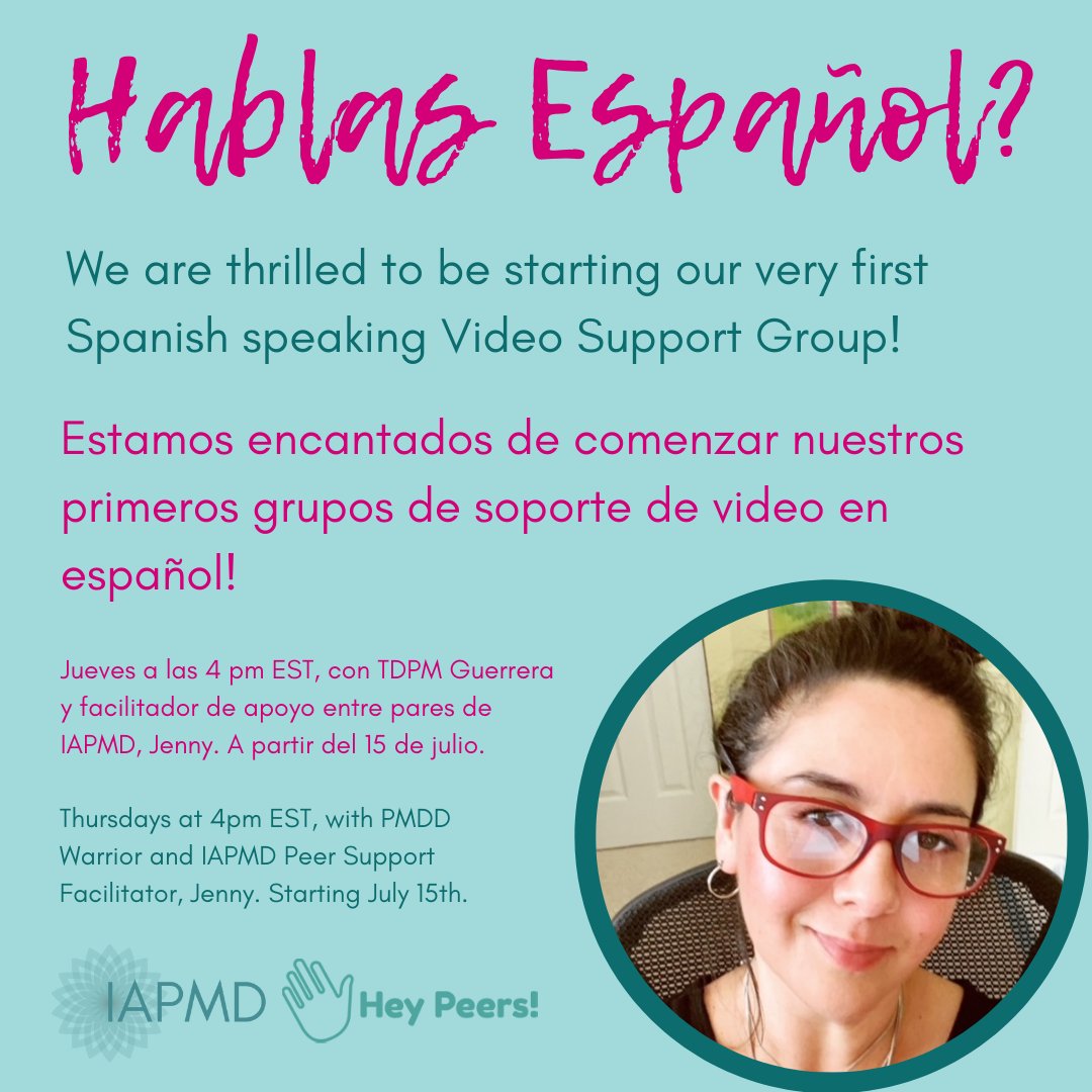 IAPMDglobal's tweet photo. Estamos encantados de comenzar nuestros primeros grupos de soporte de video en español, Jueves a las 4 pm EST, con #TDPM Guerrera y facilitador de apoyo entre pares de IAPMD, Jenny. 

Haga clic en el enlace "Peer Support" en nuestra biografía para reservar.

#PMDD #PME https://t.co/YkZti23yQ7