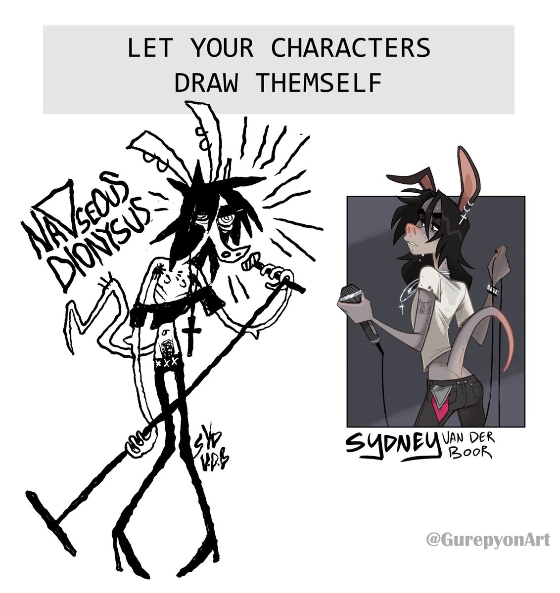 BiIedriver's tweet photo. Since I got that anon earlier asking how Sydney would draw himself I felt like doing this meme. It looks like art for a gig flyer or something (nauseous Dionysus is his band) https://t.co/VU3x3I2RkA