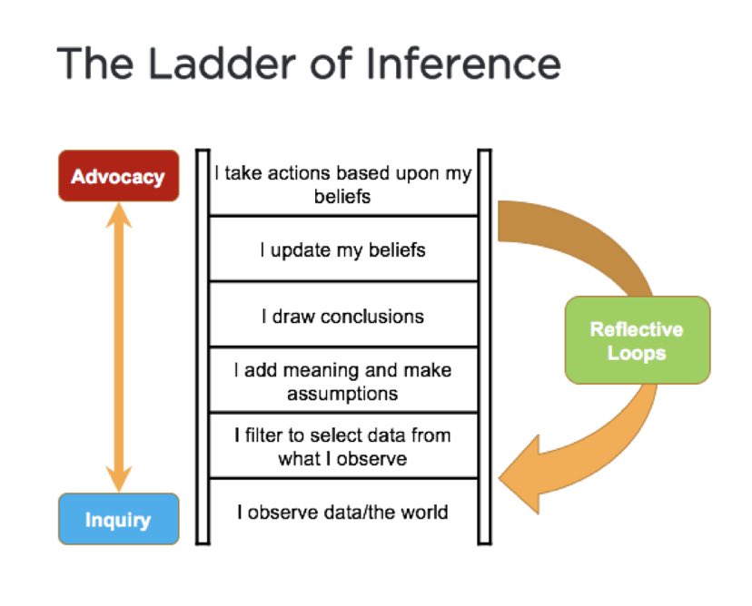 Have you all ever tried using the Ladder of Inference model? This process can be helpful when working collaboratively to analyze data. It allows you to slowly organize your thoughts and inferences before jumping to conclusions based on how your mind processes information.