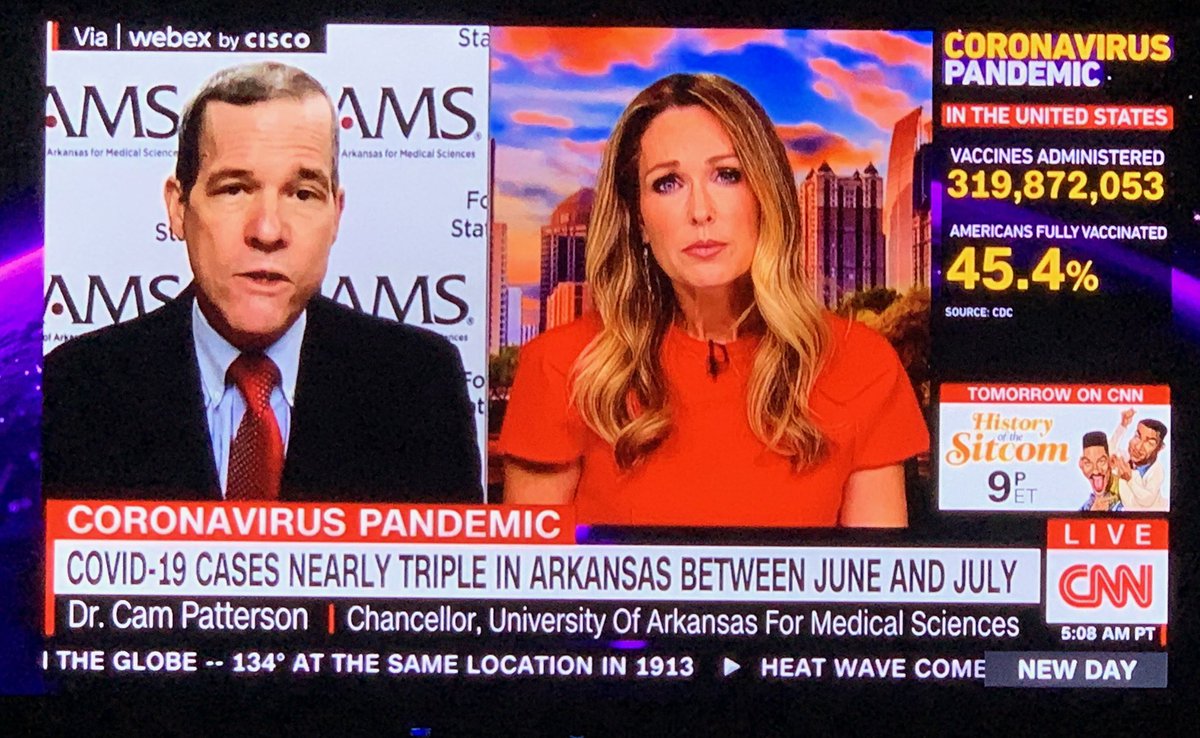 UAMS_News's tweet photo. @drcampatterson, chancellor of @uamshealth, talking with CNNโs @Christi_Paul this morning about the Delta variant & how its moving like a wave across our state. #VaccinationSaveLives #maskUpUAMS https://t.co/VJRwlhu2QB